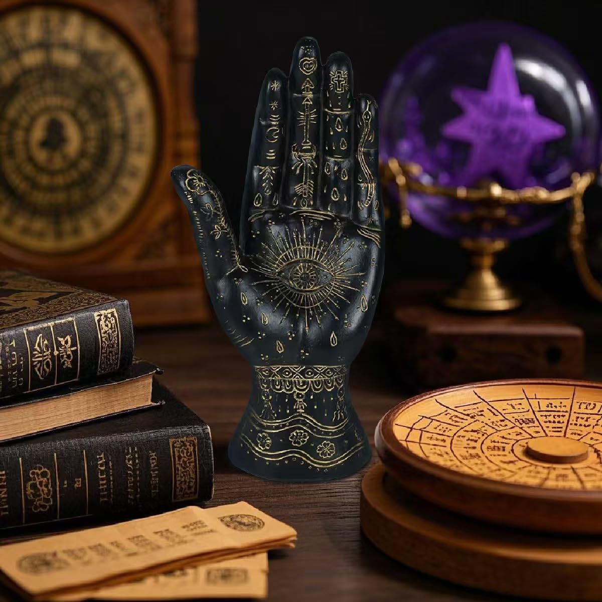 Palmistry Hand Resin Statue Telling Palm Reading, Ancient Mystical Palm with Lines and Symbols Sculpture for Palm Readers（Black）