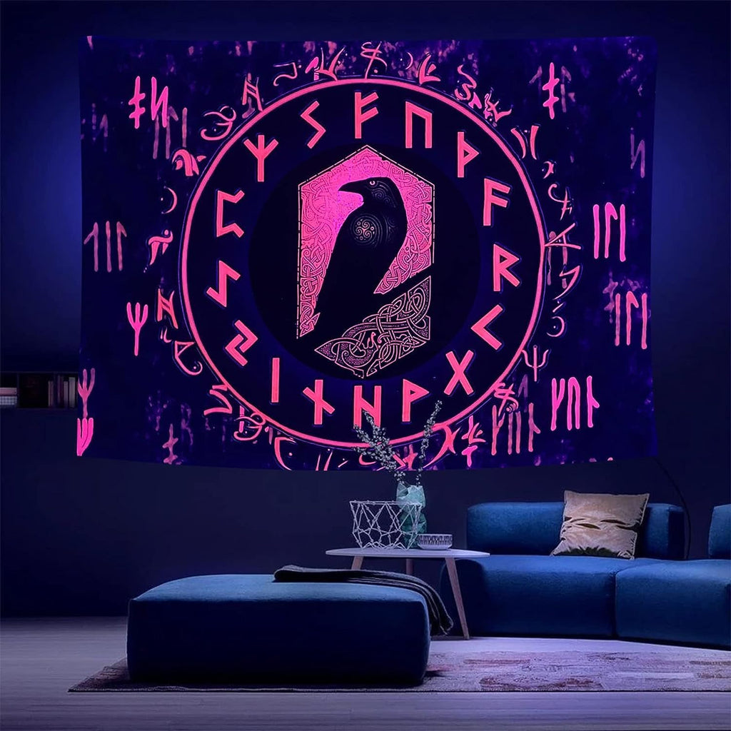 Arsey Wikinger Schwarzlicht Wandteppich UV Reaktiver Rot Meditation Runen Wandtuch Odins Rabe Nordische Mythologie Wandteppiche Im Dunkeln Leuchtend Tapestry Wandbehang Schlafzimmer 150 x130cm