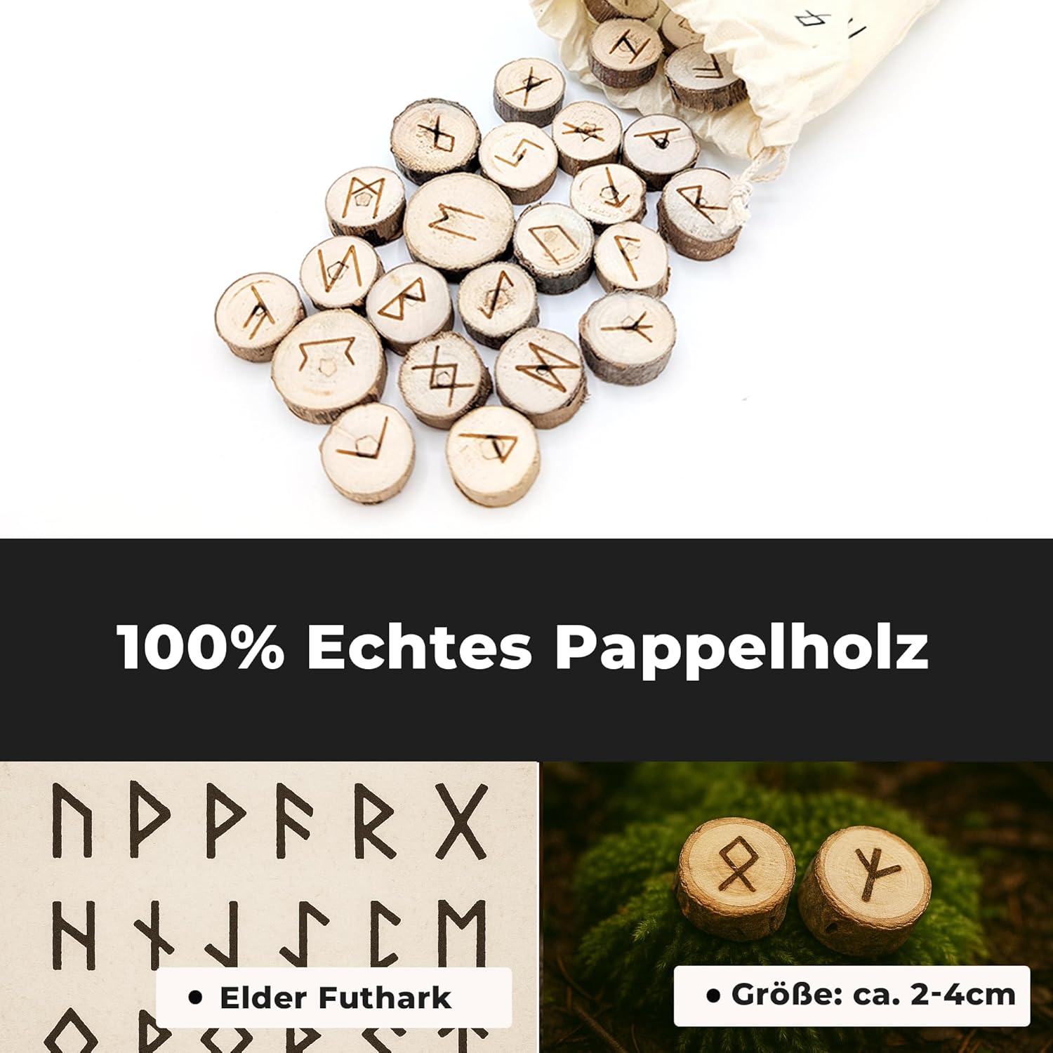 PURAJA Runensteine Set: Holz | Mit Elder Futhark Alphabet | 25 Holz Runensteine im Baumwollsäckchen | Magisches Runen Set