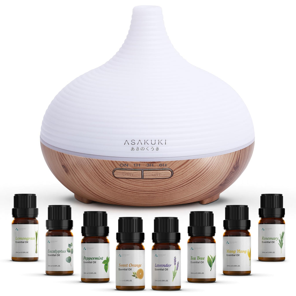 Asakuki Aroma Diffuser for Fragrance Oils, 300 ml Premium Ultrasonic Humidifier for Aromatherapy Oils with 7-Colour LED Light, BPA-Free for Bedroom, Office, Spa