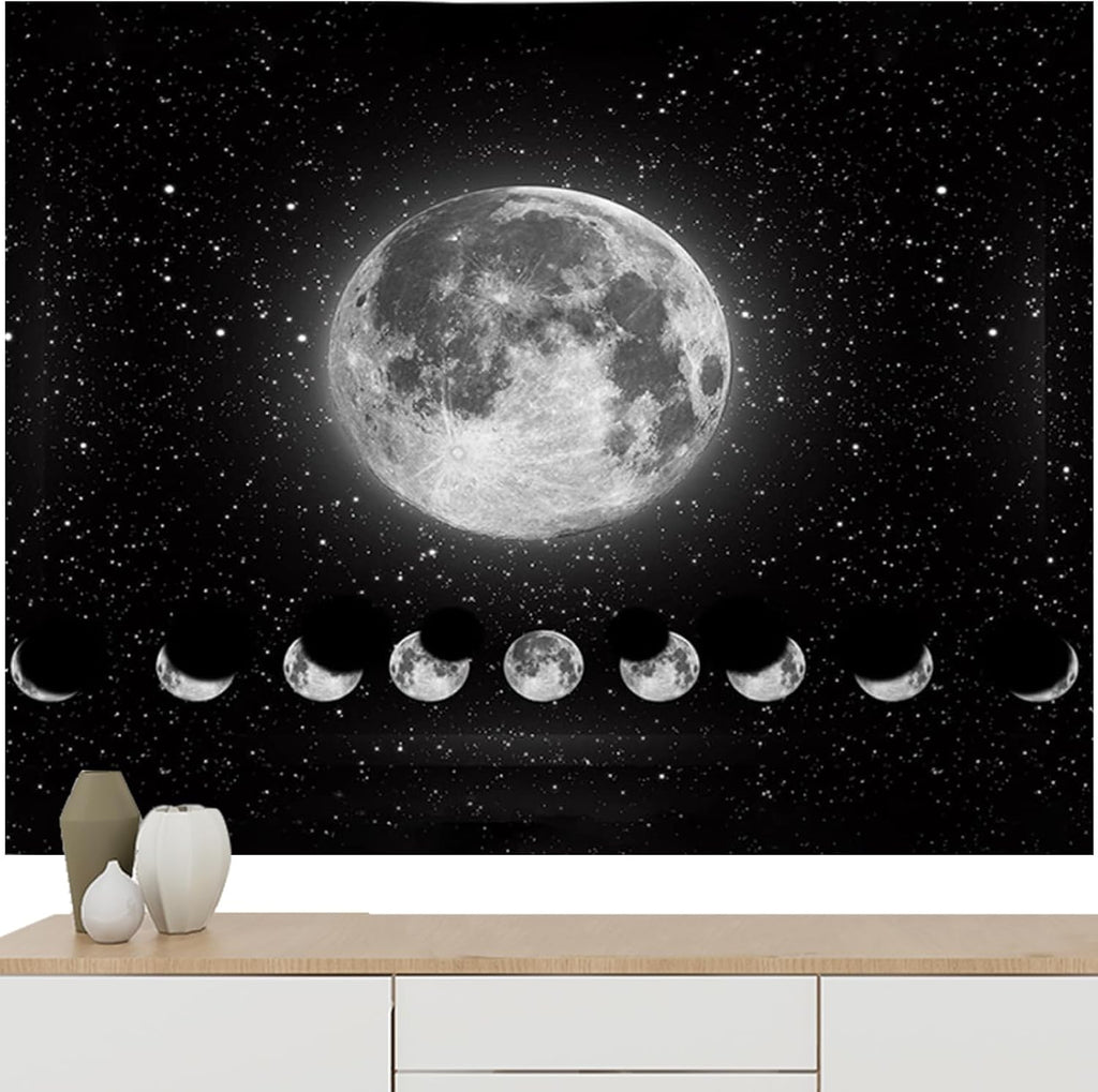 Wandteppich Mondphasen, Schwarz-Weiß-Sonne-Mond-Tapisserie Wandbehang, Mond Wanddeko, Gothic Trippy Tapestry Wandteppiche, Wandtuch Wandbehang Boho Wand Deko, für Schlafzimmer Wohnzimmer(200x150cm)