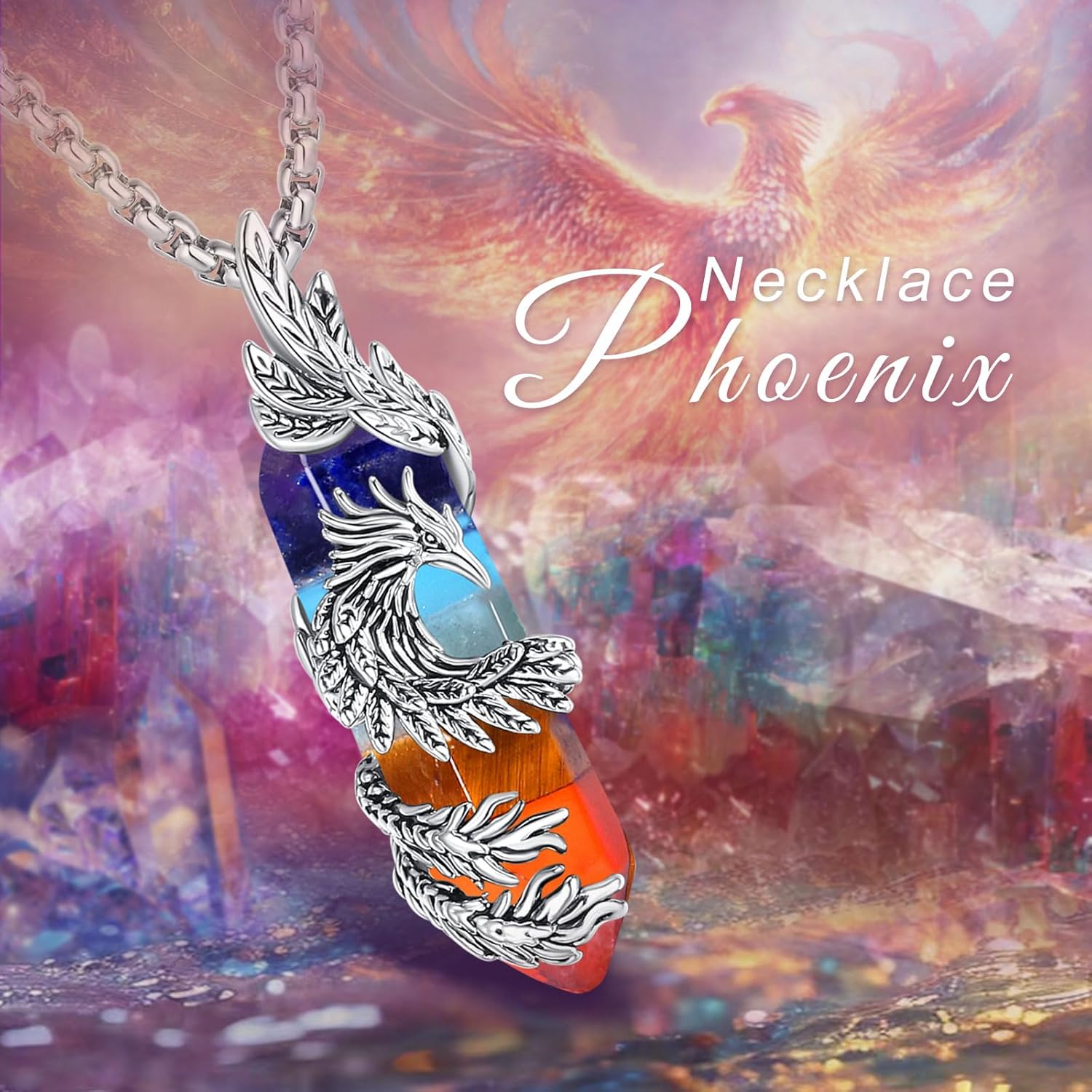 INFUSEU Kristall Phönix Kette, Vogelhänger Spirituelle Tiere Halskette Schmuck Kristall Rising Phoenix Lapislazuli Geschenke für Frauen Mädchen Damen