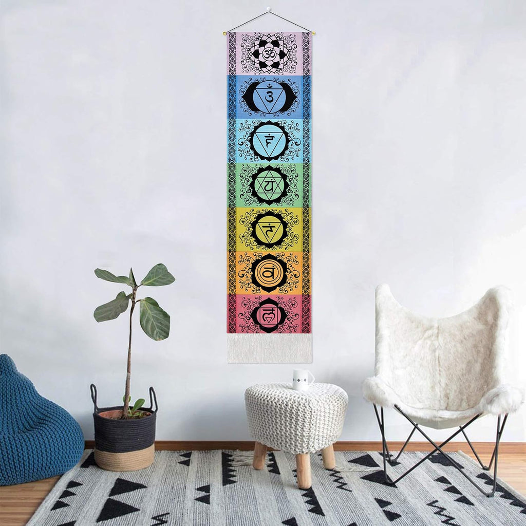 Yugarlibi Chakra Wandbehang, Meditation Yoga Wandteppich Bunt, Psychedelic Trippy Wandteppich mit Quaste, Mandala Tapisserie Wall Hangings für Schlafzimmer Wohnzimmer, Schwarz Chakra 130x32.5cm