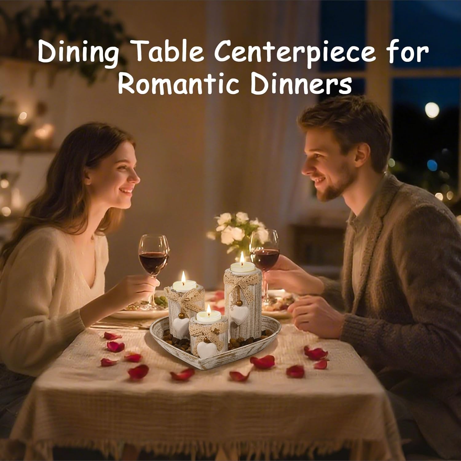 GoMaihe Holz Teelichthalter mit Tablett: 3-teiliges Kerzenständer-Set aus für Hochzeits- und Esstischdekoration, Geburtstagsgeschenk für Mama, romantische Wohndeko, Herzform