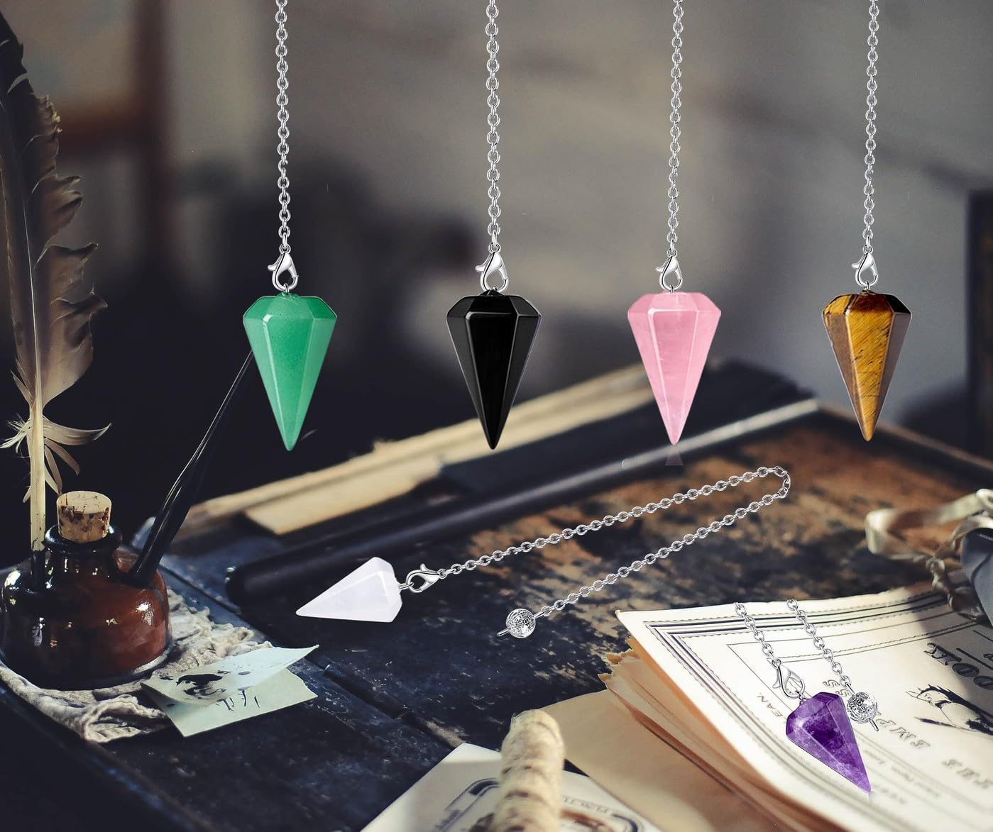 XIANNVXI 6pcs Pendel Set Kristalle Amethyst Stein Rosenquarz Obsidian Lapislazuli Kristall Edelsteine Energetische Pendel Esoterik Pendel mit Kette Spirituelle Reiki Zubehör