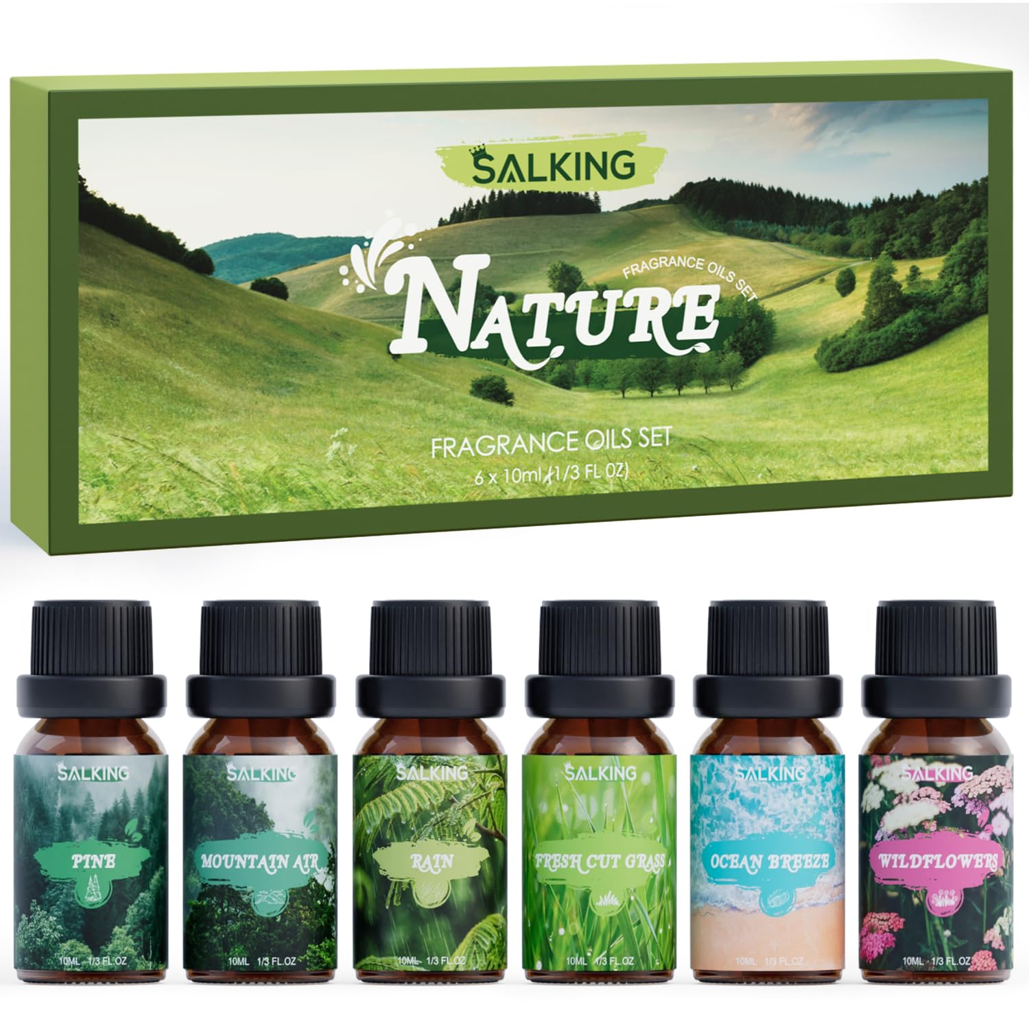 SALKING Essential Oils Set, Aromatherapy Fragrance Oil Gift Set, 100% Pure Fragrance Oils for Diffuser, Oil Lamps, Humidifier, Massage, 6 x 10 ml (Lavender, Rose, Cherry Blossom, Jasmine, Gardenia,