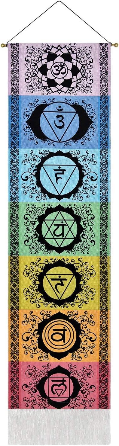 Yugarlibi Chakra Wandbehang, Meditation Yoga Wandteppich Bunt, Psychedelic Trippy Wandteppich mit Quaste, Mandala Tapisserie Wall Hangings für Schlafzimmer Wohnzimmer, Schwarz Chakra 130x32.5cm