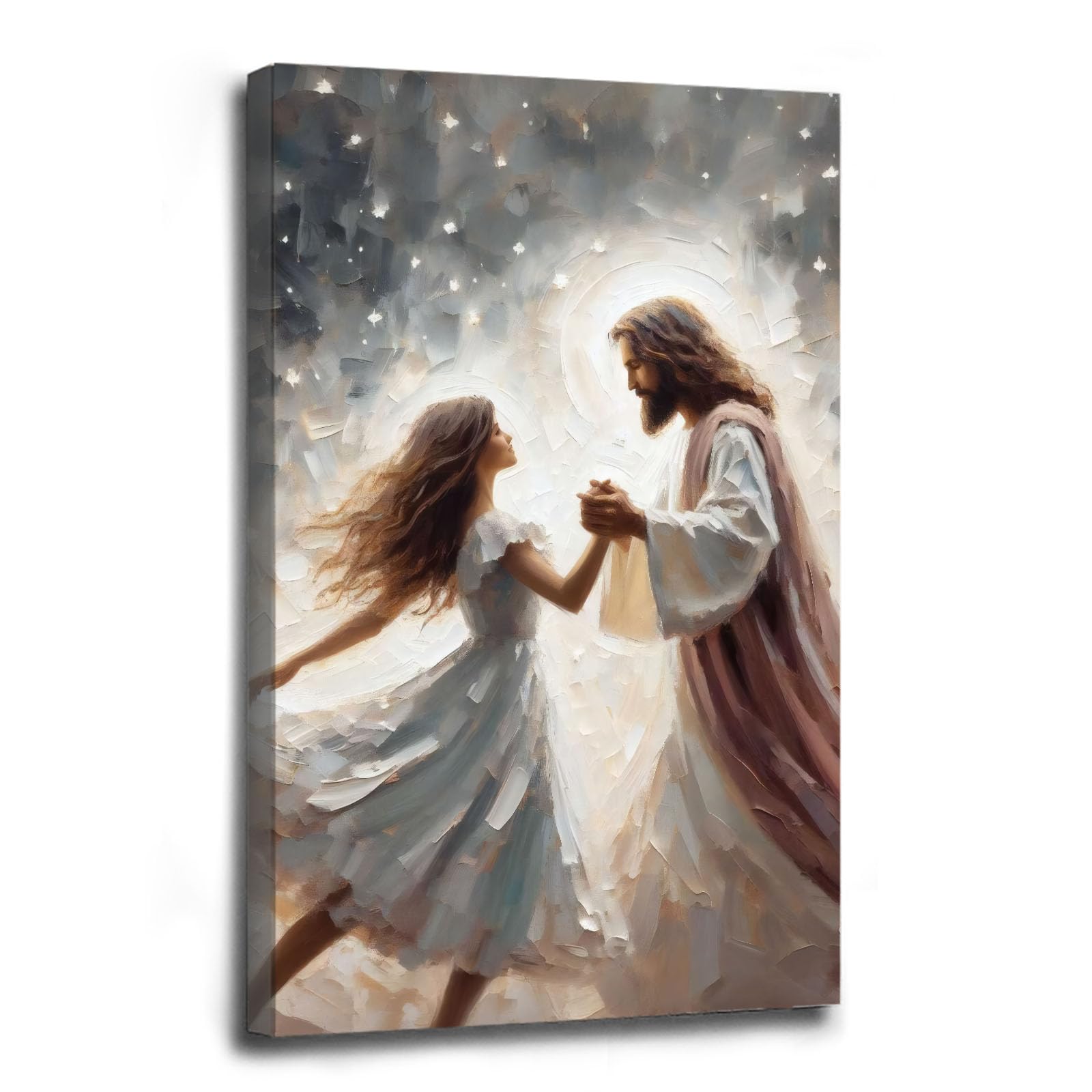 Jesus canvas painting spiritual artwork featuring a girl in a flowing white robe happily playing in a warm field of golden daisies. Adds a vibrant atmosphere to your home's sacred wall decor