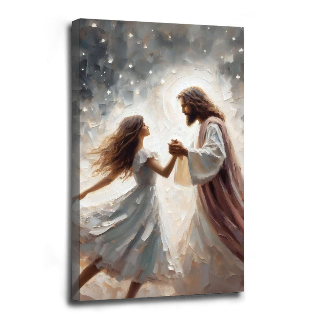 Jesus canvas painting spiritual artwork featuring a girl in a flowing white robe happily playing in a warm field of golden daisies. Adds a vibrant atmosphere to your home's sacred wall decor