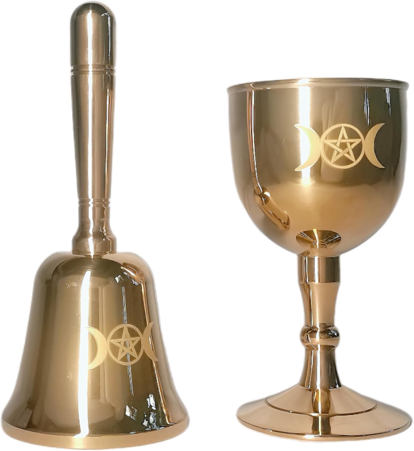 Mini Brass Altar Bell and Altarchalice, Triple Moon Goddess and Pentagram Wiccan Accessories and Tools, Altar Ritual Kit