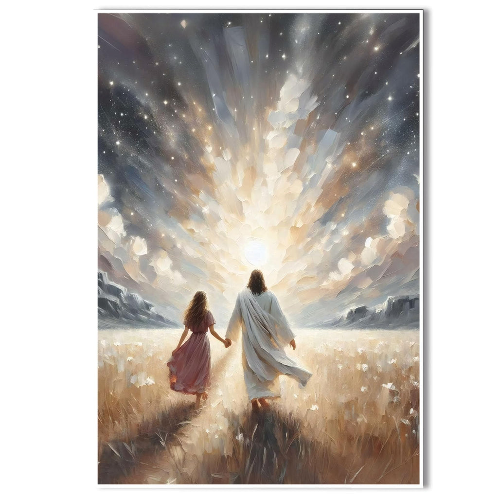 Jesus canvas painting spiritual artwork featuring a girl in a flowing white robe happily playing in a warm field of golden daisies. Adds a vibrant atmosphere to your home's sacred wall decor