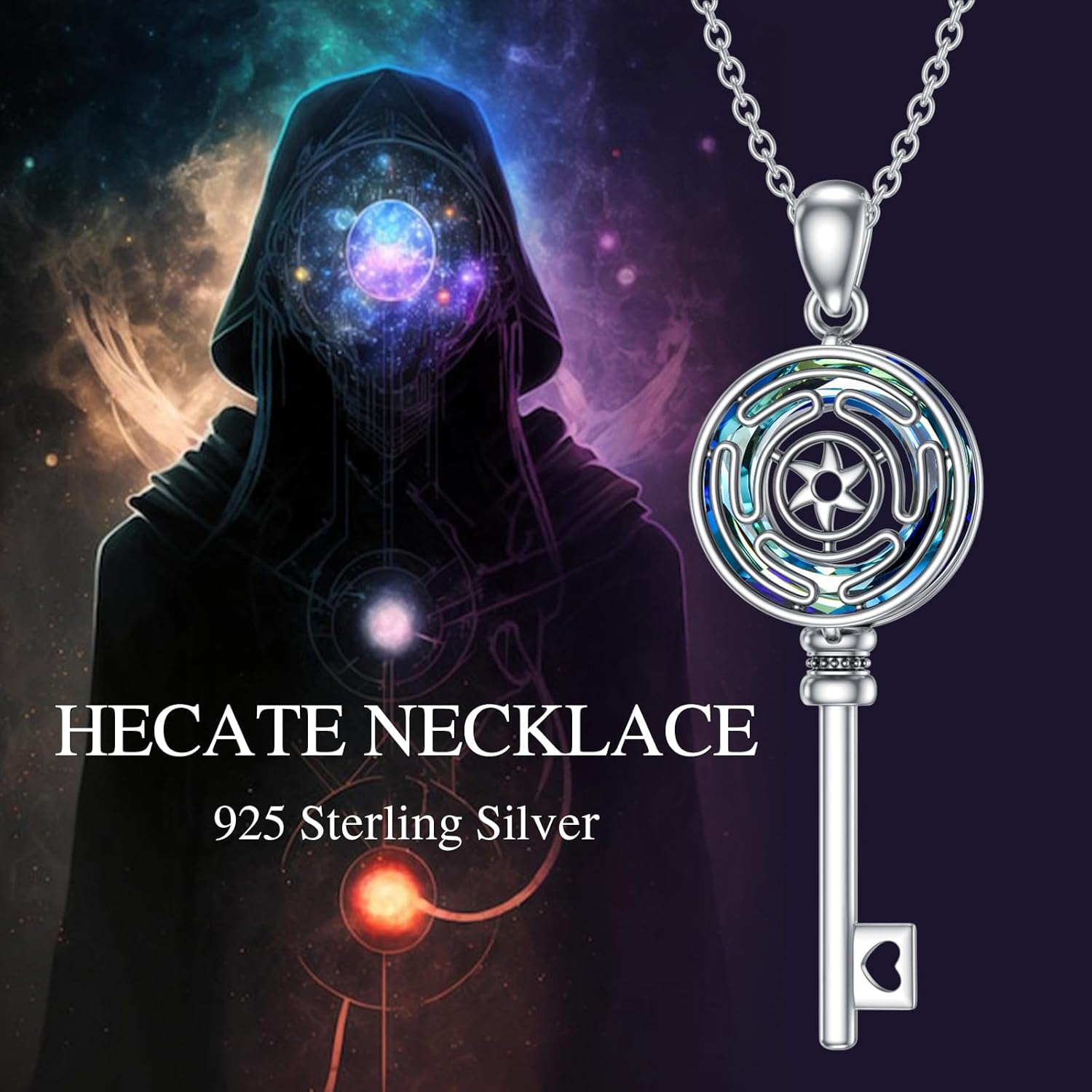 Schlüssel Amulett Halskette 925er Sterlingsilber Allah Hekate Dreifachmondgöttin Tetragrammaton Anhänger Halskette Schlüssel Wicca Heidnischer Pentagramm Schmuck Geschenke Für Frauen