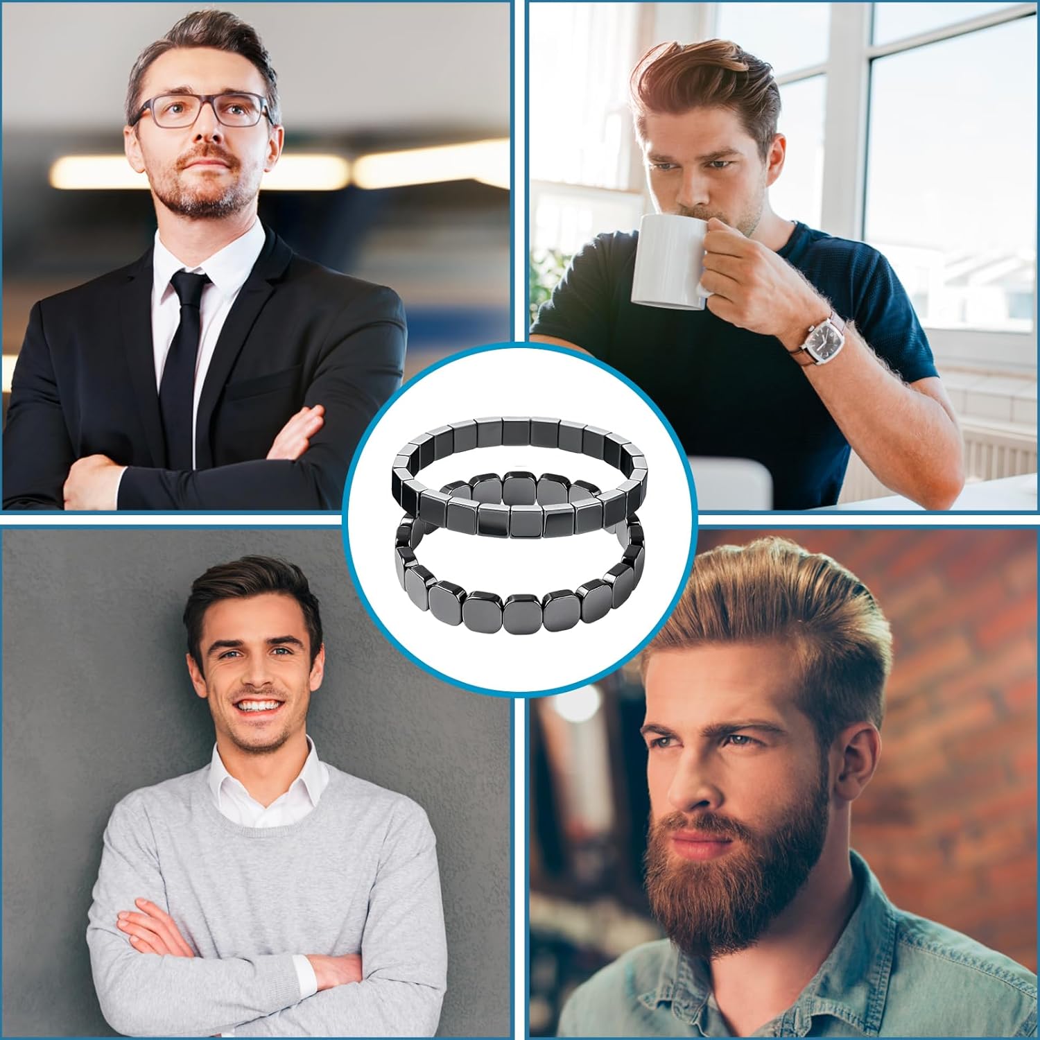 2 Stück Hämatit Armband für Herren, 2 Stilen Magnetarmband Herren, Hämatit Armbänder mit Magnetsteinen, Stilvolles Elastische Männer Armbänder für Sport Alltag Geschenk
