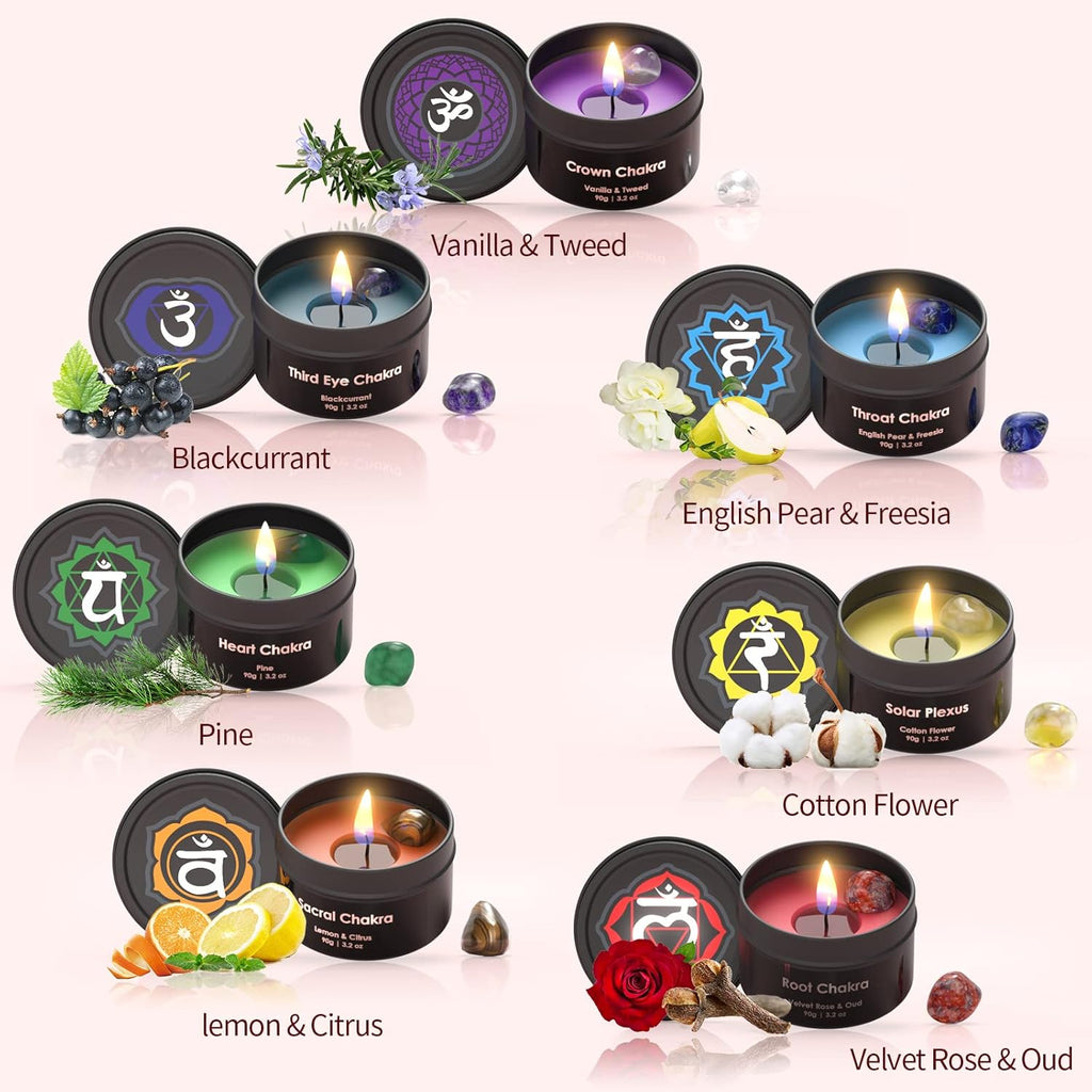 Inspireyes Chakra Kerze mit Premium-Kristall und Heilsteinen, Meditations-Duftkerzen, Geschenkset für Frauen, Stressabbau, spirituelle Dekoration, Yoga, Aromatherapie, 7er-Set, Schwarz