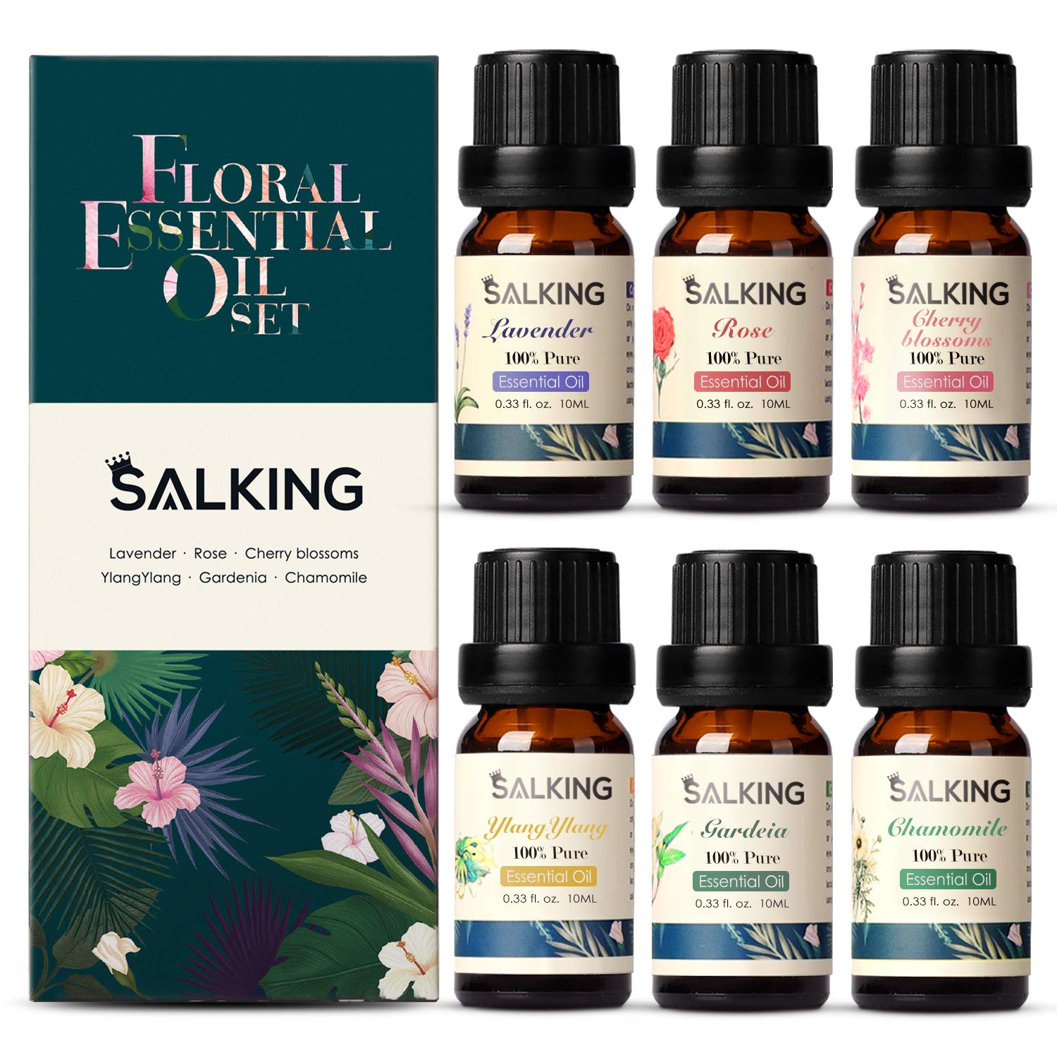 SALKING Essential Oils Set, Aromatherapy Fragrance Oil Gift Set, 100% Pure Fragrance Oils for Diffuser, Oil Lamps, Humidifier, Massage, 6 x 10 ml (Lavender, Rose, Cherry Blossom, Jasmine, Gardenia,