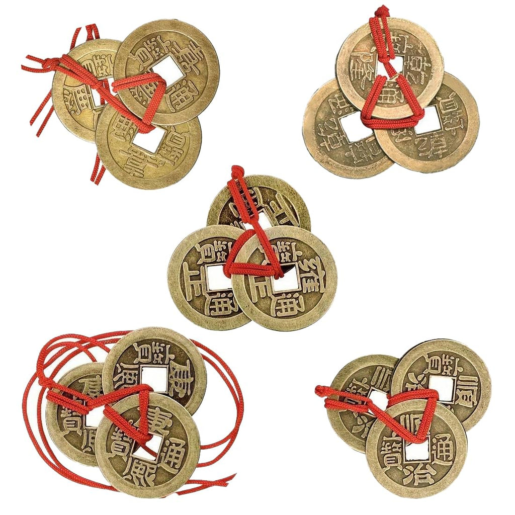 XUKZIMA 5 Strings of Copper Lucky Coins, Feng Shui Coins, Traditional Coins with Red Rope for Wealth and Success