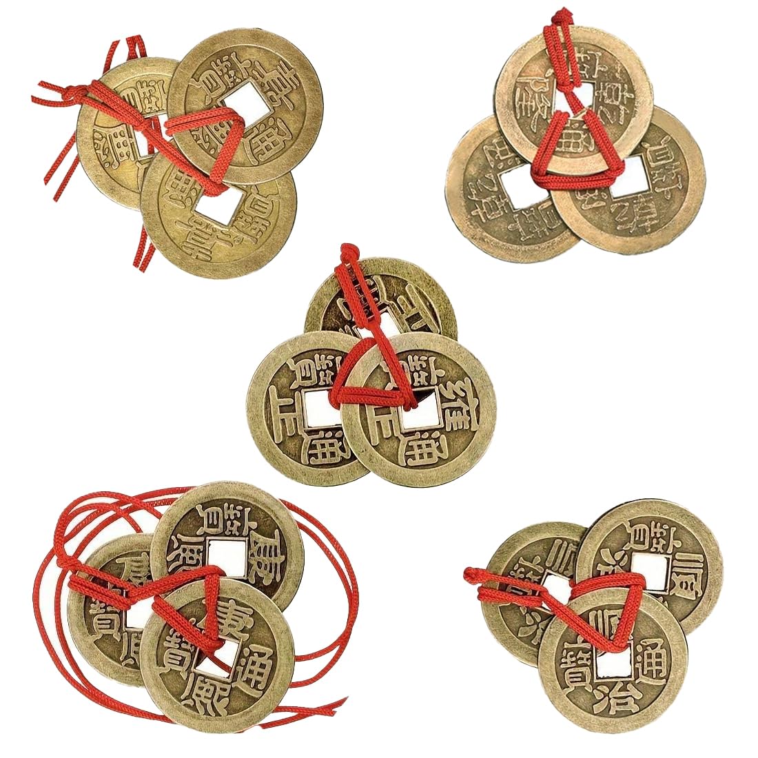 XUKZIMA 5 Strings of Copper Lucky Coins, Feng Shui Coins, Traditional Coins with Red Rope for Wealth and Success