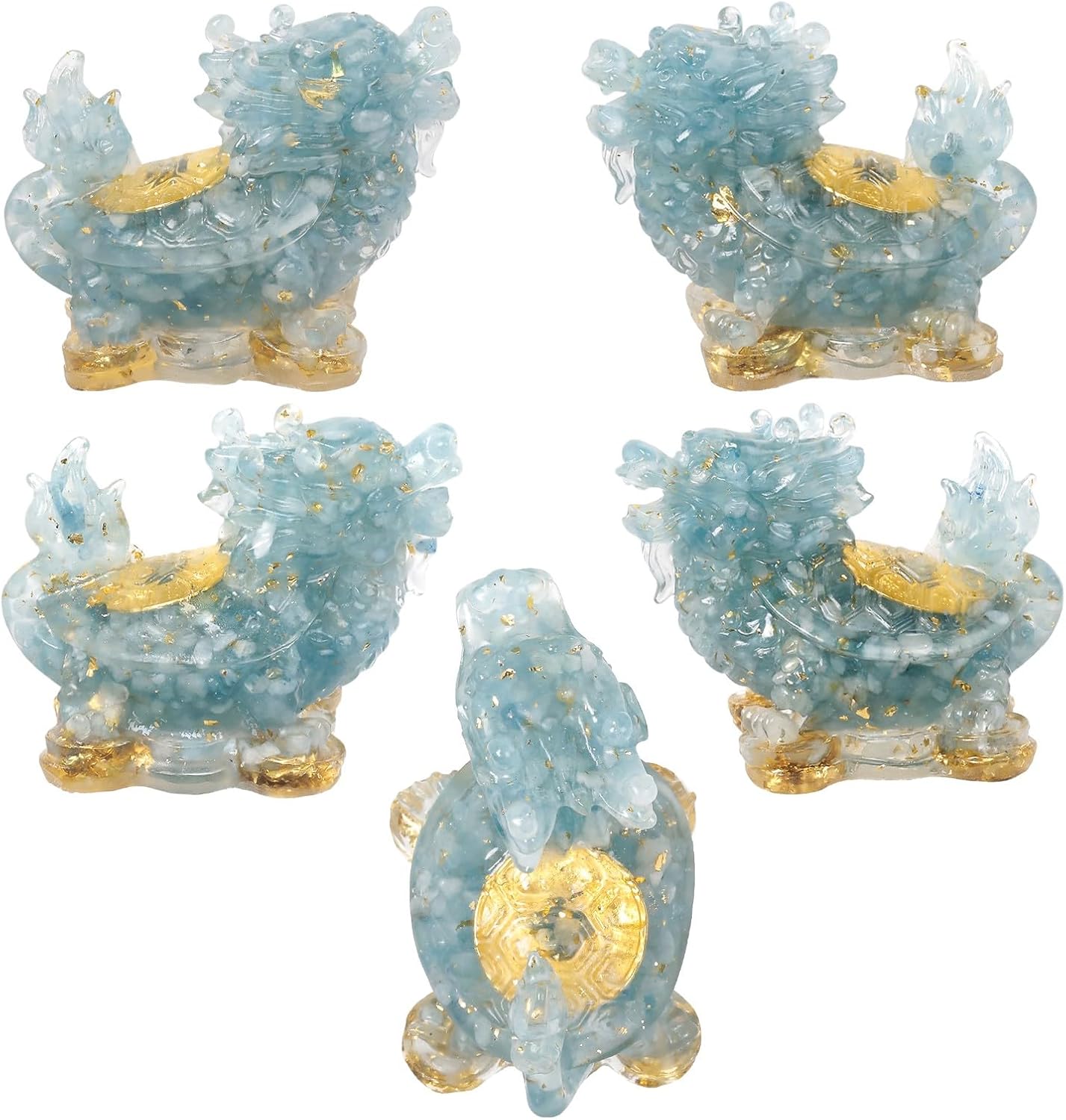 KYEYGWO Aquamarine Kristall Drachen-Schildkröte Figur Deko, Harz Chinesischer Drache Stein Statue Reichtum Goldmünze Skulptur Feng Shui Wohlstand Ornament Glück Sammlerfigur für Haus Büro