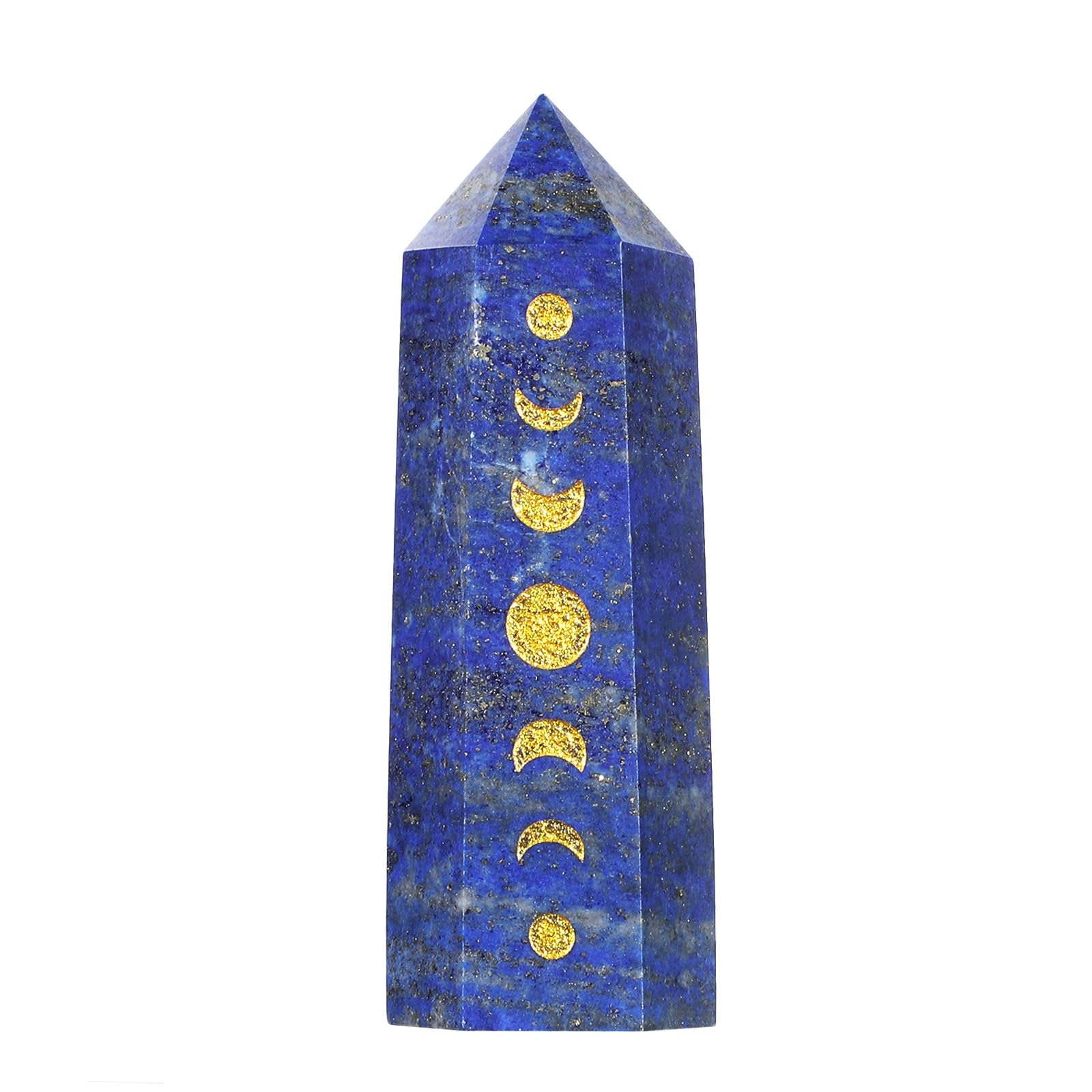 Heilstein Einzelpunktstab für Meditation Chakra-Ausgleich, Gravierte Mondphasen-Facetten-Kristallturm für die Dekoration zu Hause, Flusspat