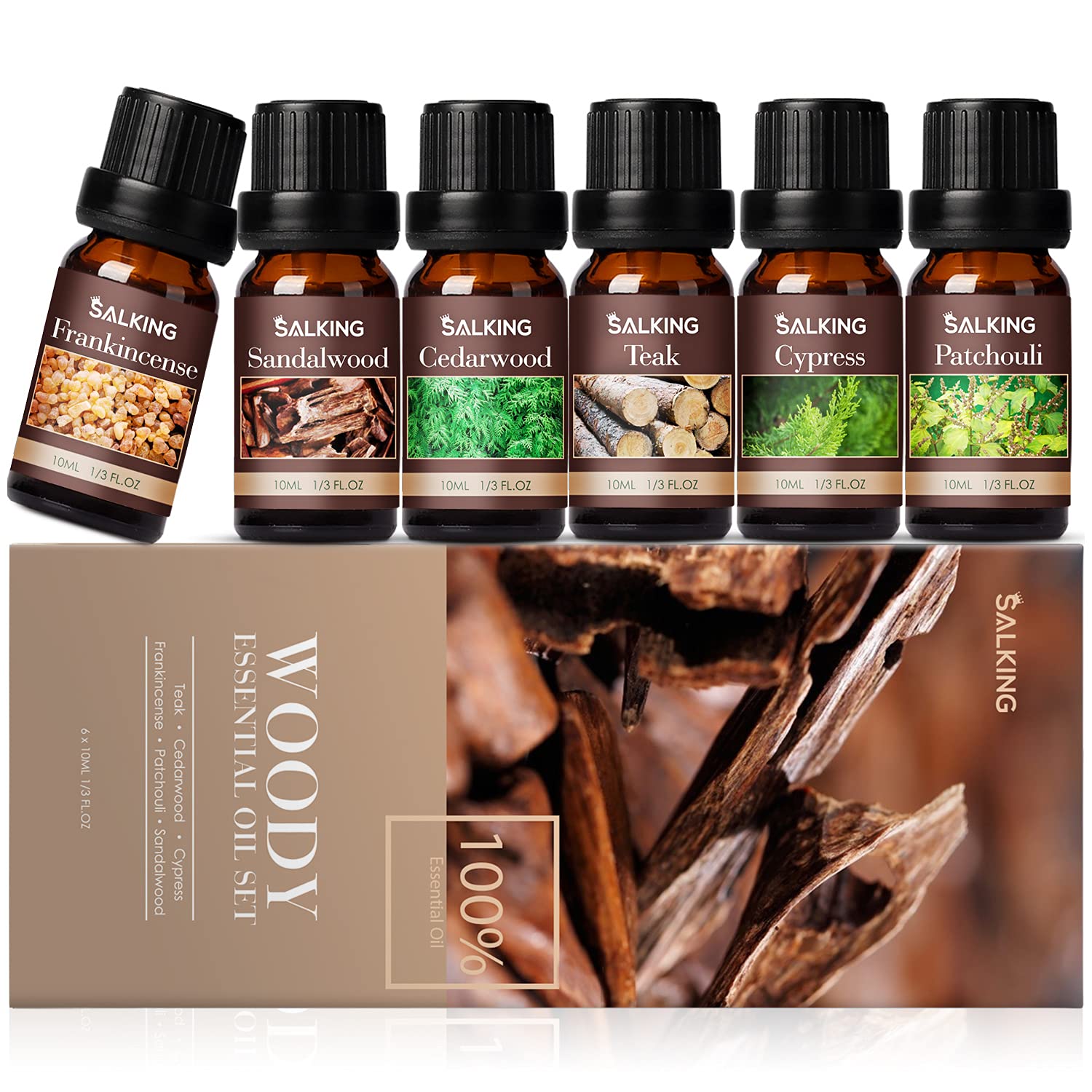 SALKING Essential Oils Set, Aromatherapy Fragrance Oil Gift Set, 100% Pure Fragrance Oils for Diffuser, Oil Lamps, Humidifier, Massage, 6 x 10 ml (Lavender, Rose, Cherry Blossom, Jasmine, Gardenia,