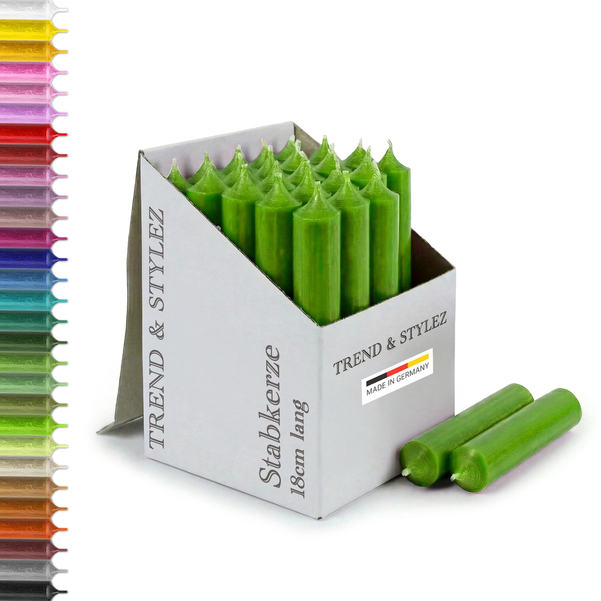 25 Stabkerzen 180mm x 22mm | Durchgefärbte Spitzkerzen | 8+ Stunden Brenndauer | Made in Germany - Ohne Tropfen & Rußen | RAL-Zertifizierte Tafelkerzen unparfümiert (Grün)