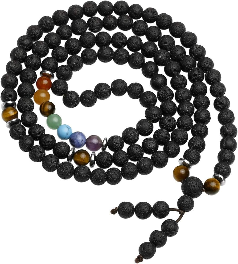 CrystalTears 108 Perlen Mala Kette 6mm Stein Wickelarmband Chakra Armband Healing Reiki Edelstein Yoga Armreif Buddha Gebetskette Halskette (Lava Stein)