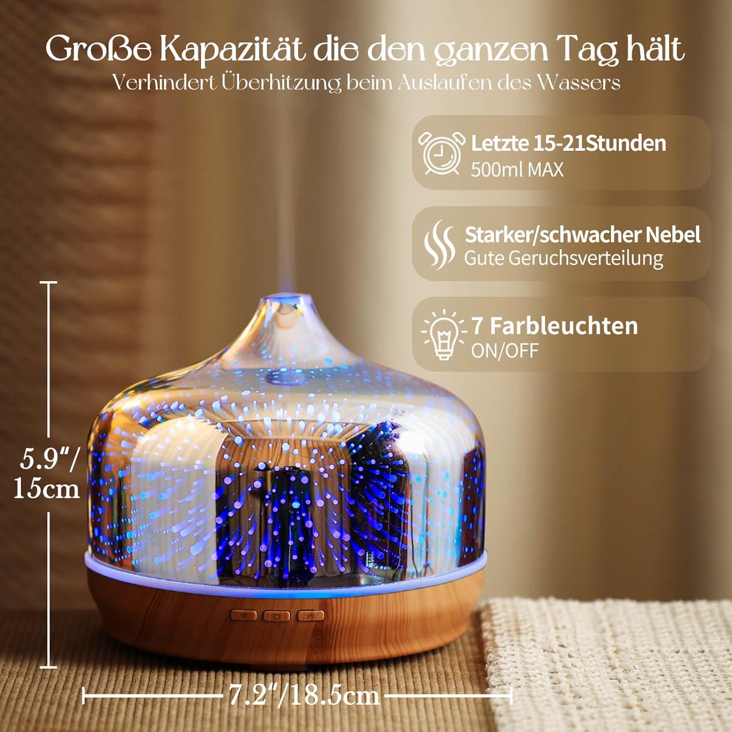 Porseme Aroma Diffuser 500ml, Handgeblasen 3D Glas Luftbefeuchter, Ultraschall Aromatherapie Öle Diffusor mit 7 farbigem LED Licht,Diffusor für Ätherische Öle Letzte 15-21 Stunden,BPA Frei für Wohnung
