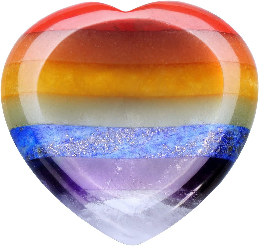 CrystalTears 7 Chakra Worry Stone Heart Shape Concave Gemstone Palm Stone Reiki Healing Chakra Stones Worry Stone Crystal Holistic Balancing Stress Relief
