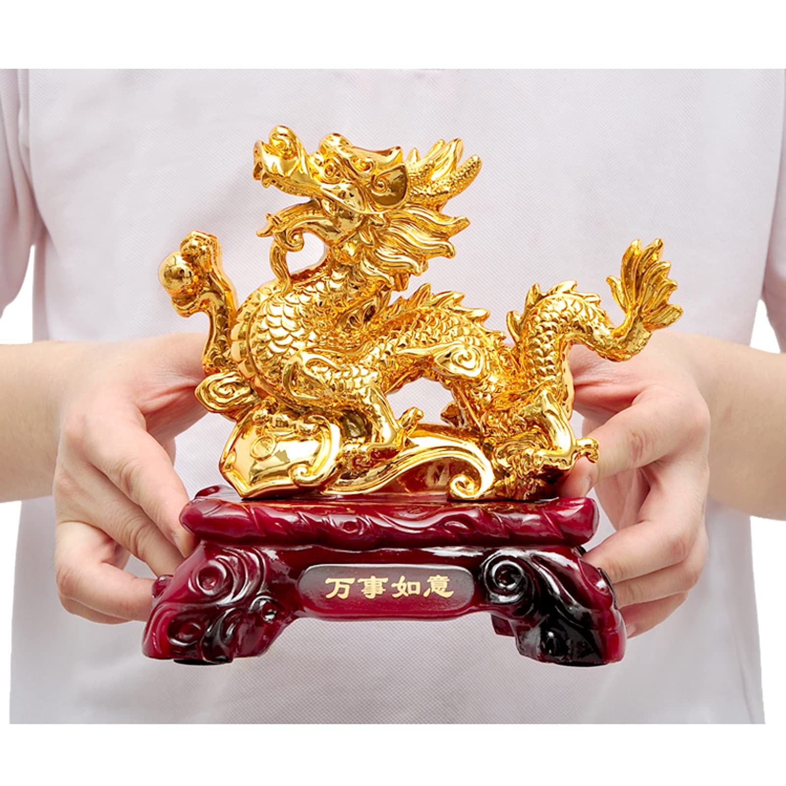 Uziqueif Feng Shui Geld Glück Glücklicher Vermögen Reichtum Chinesische Drache Statue Münze Home Büro Dekoration Tischtischornamente Gute Glücksgeschenke, Harz,Gold,33 * 17 * 31cm