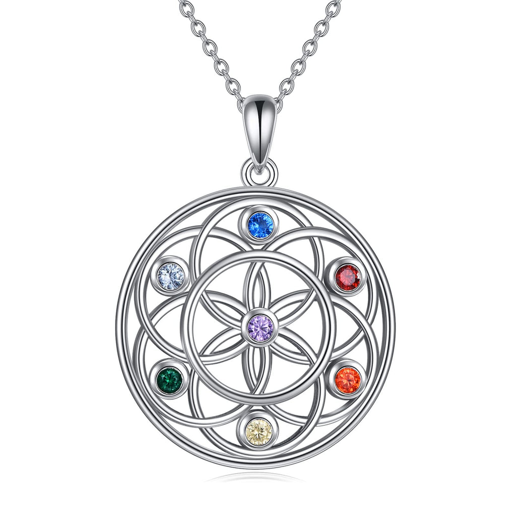 YFN 7 Chakra Necklace Sterling Silver Chakra Pendant Tree / Flower of Life Jewellery Chain Gift for Women Girls Men Boys