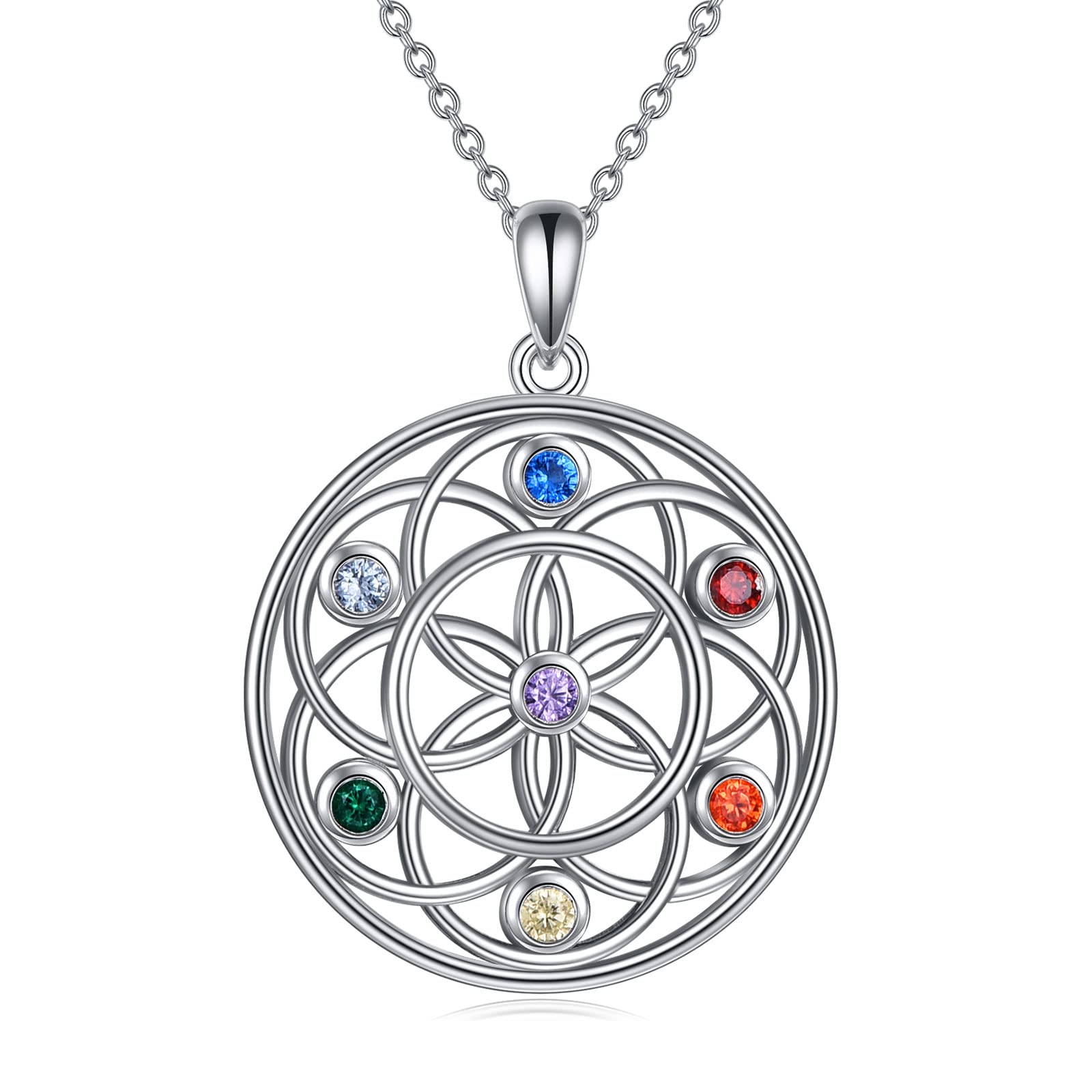 YFN 7 Chakra Necklace Sterling Silver Chakra Pendant Tree / Flower of Life Jewellery Chain Gift for Women Girls Men Boys