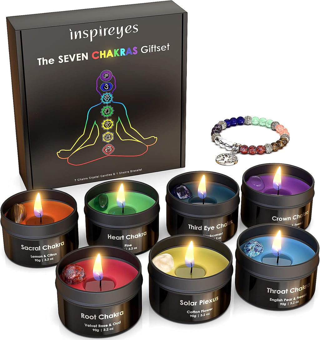 Inspireyes Chakra Kerze mit Premium-Kristall und Heilsteinen, Meditations-Duftkerzen, Geschenkset für Frauen, Stressabbau, spirituelle Dekoration, Yoga, Aromatherapie, 7er-Set, Schwarz