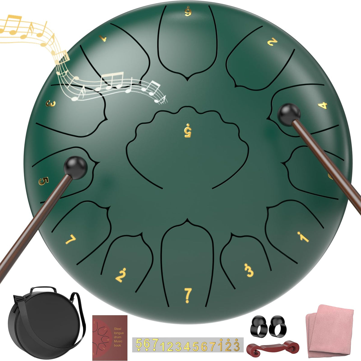 Rain Drum for Outside Garden, 6 Inches 8 Notes Steel Tongue Chakra Drums, Waterproof Meditation Rain Chime, Musical Instruments for Adult Gift with Bag, Music Book, Drum Mallets (Green)