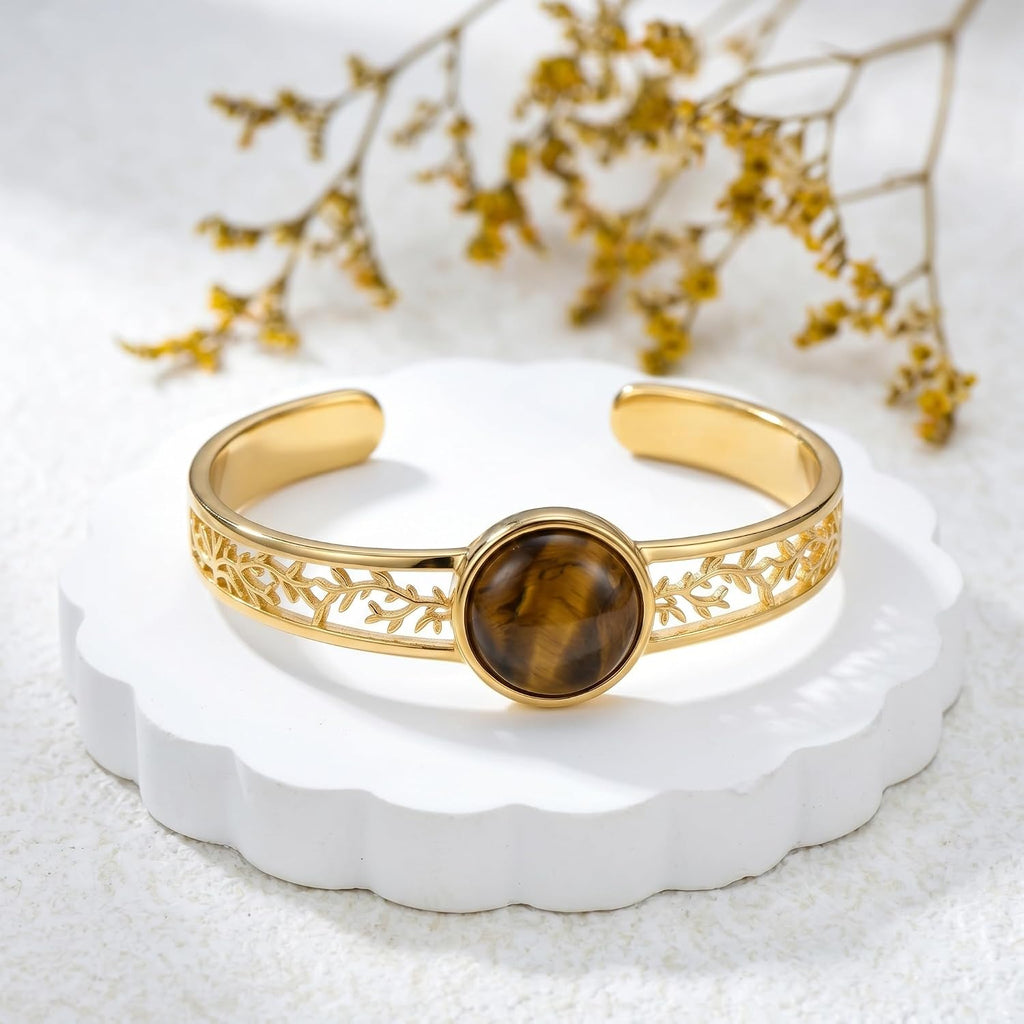 Tiger Eye Tree of Life Cuff Bracelet 14k Gold Plated Open Bangle