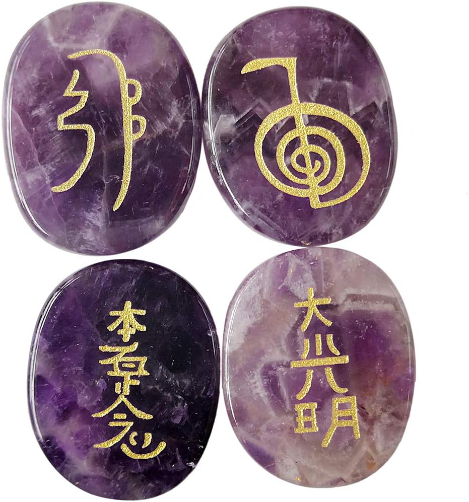 Lovionus89 4 Stück Amethyst Graviert Chakra Steine Heilung Kristall Reiki Ausbalancieren Palme Stein,25mm