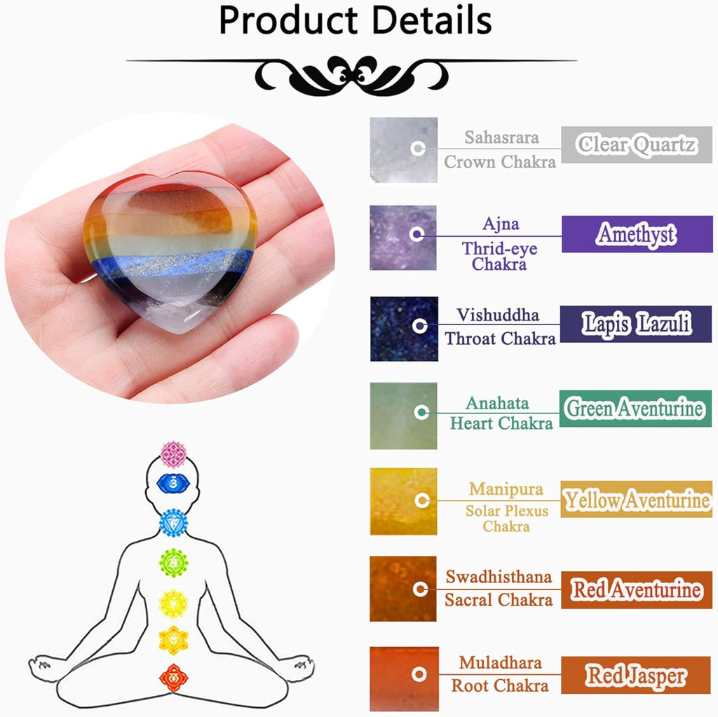CrystalTears 7 Chakra Worry Stone Heart Shape Concave Gemstone Palm Stone Reiki Healing Chakra Stones Worry Stone Crystal Holistic Balancing Stress Relief