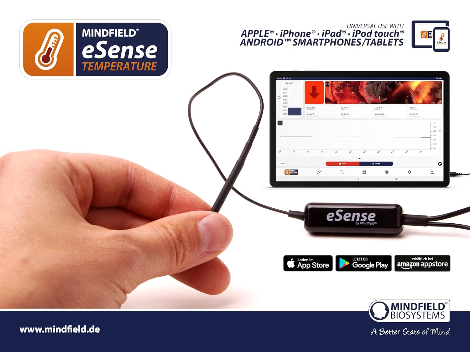 Mindfield eSense Temperature | Biofeedback zum Stressreduktion | Mit App für iPhone und Android | Integrierte Meditationen und Übungen zur Entspannung