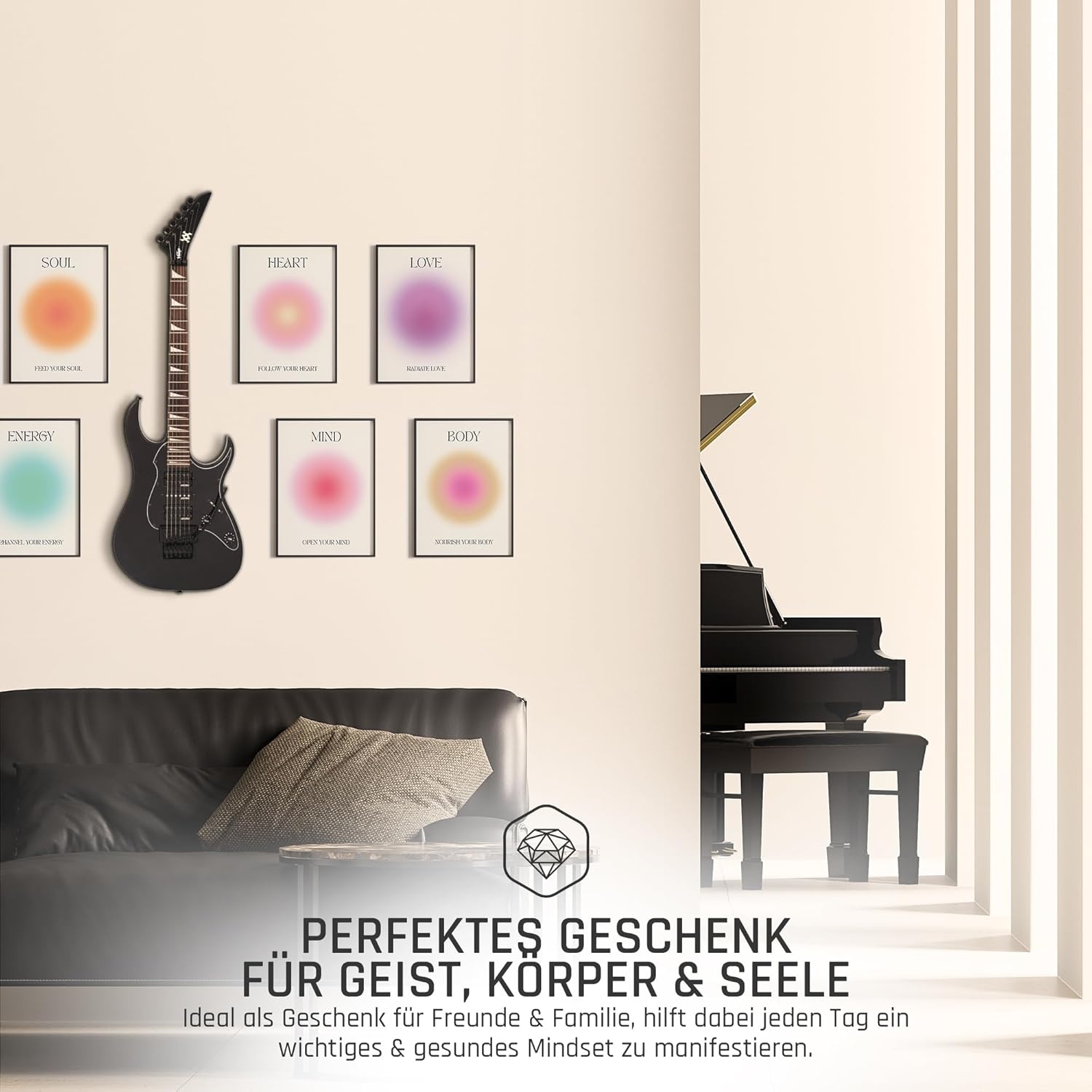 Mind Body Soul Poster Set Achtsamkeit Aura Farben Yoga Wanddeko Inspirierende Bilder Mindfulness Schlafzimmer Deko Wohnzimmer Dekoration Homeoffice Achtsamkeitsposter (6x A4 | Ohne Rahmen)
