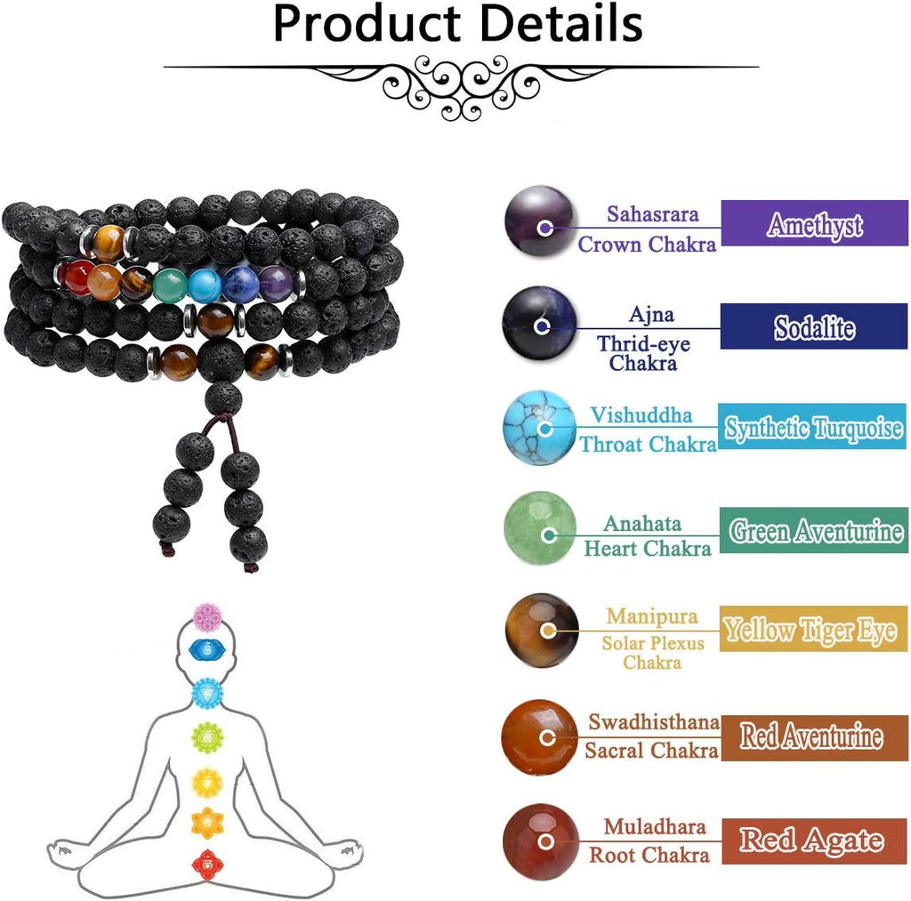 CrystalTears 108 Perlen Mala Kette 6mm Stein Wickelarmband Chakra Armband Healing Reiki Edelstein Yoga Armreif Buddha Gebetskette Halskette (Lava Stein)