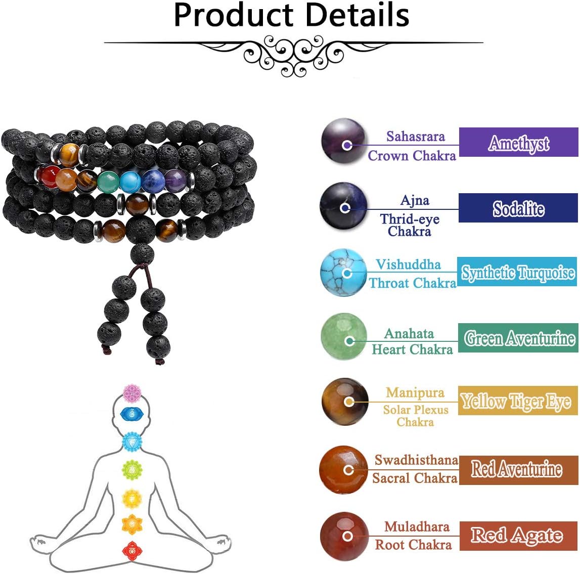 CrystalTears 108 Perlen Mala Kette 6mm Stein Wickelarmband Chakra Armband Healing Reiki Edelstein Yoga Armreif Buddha Gebetskette Halskette (Lava Stein)