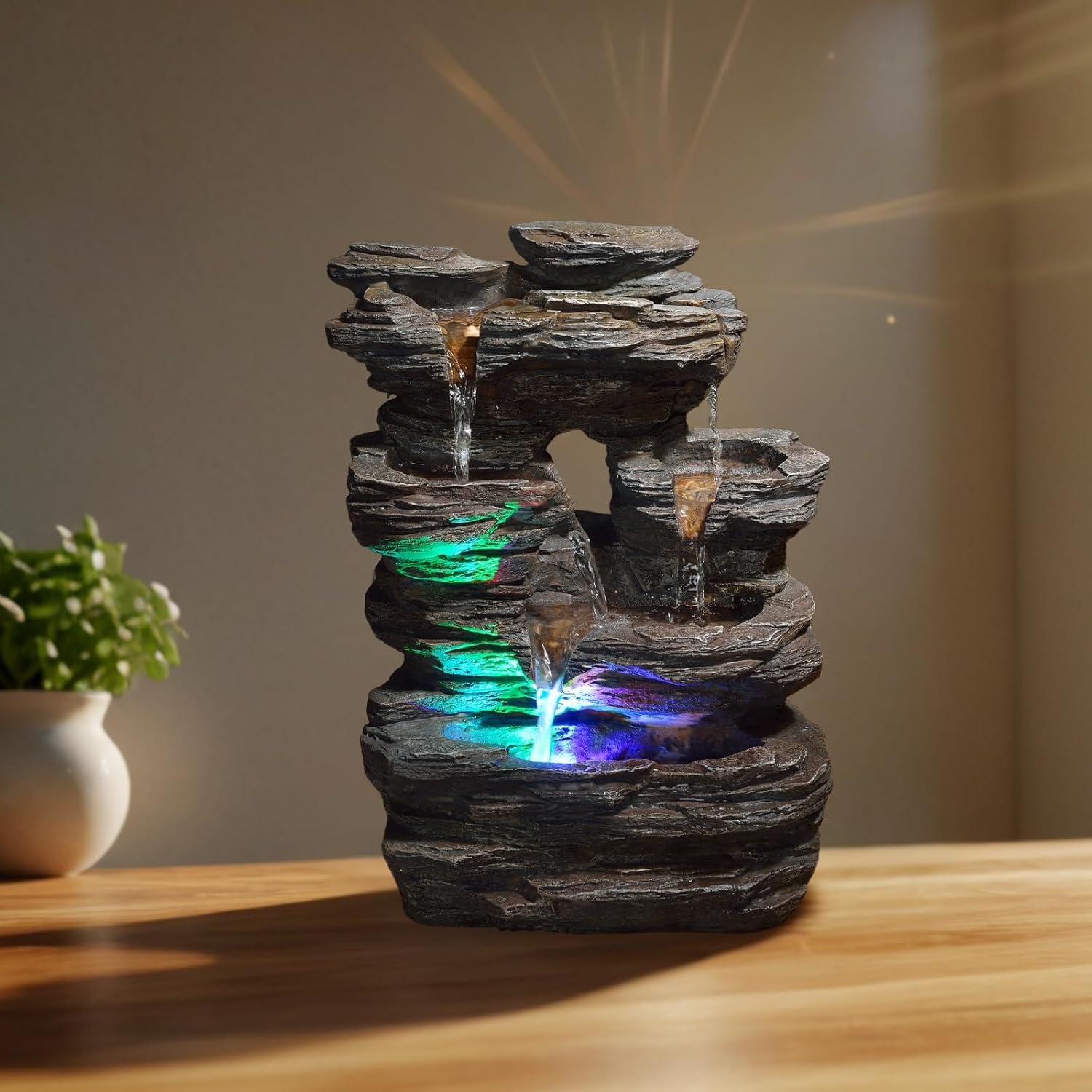 Zen’Light - Zimmerbrunnen Pietra - Steinoptik aus Kunstharz mit Bunten Lichteffekten - Moderne Zen Deko, Meditation & Entspannung - Glücksbringer - H35cm