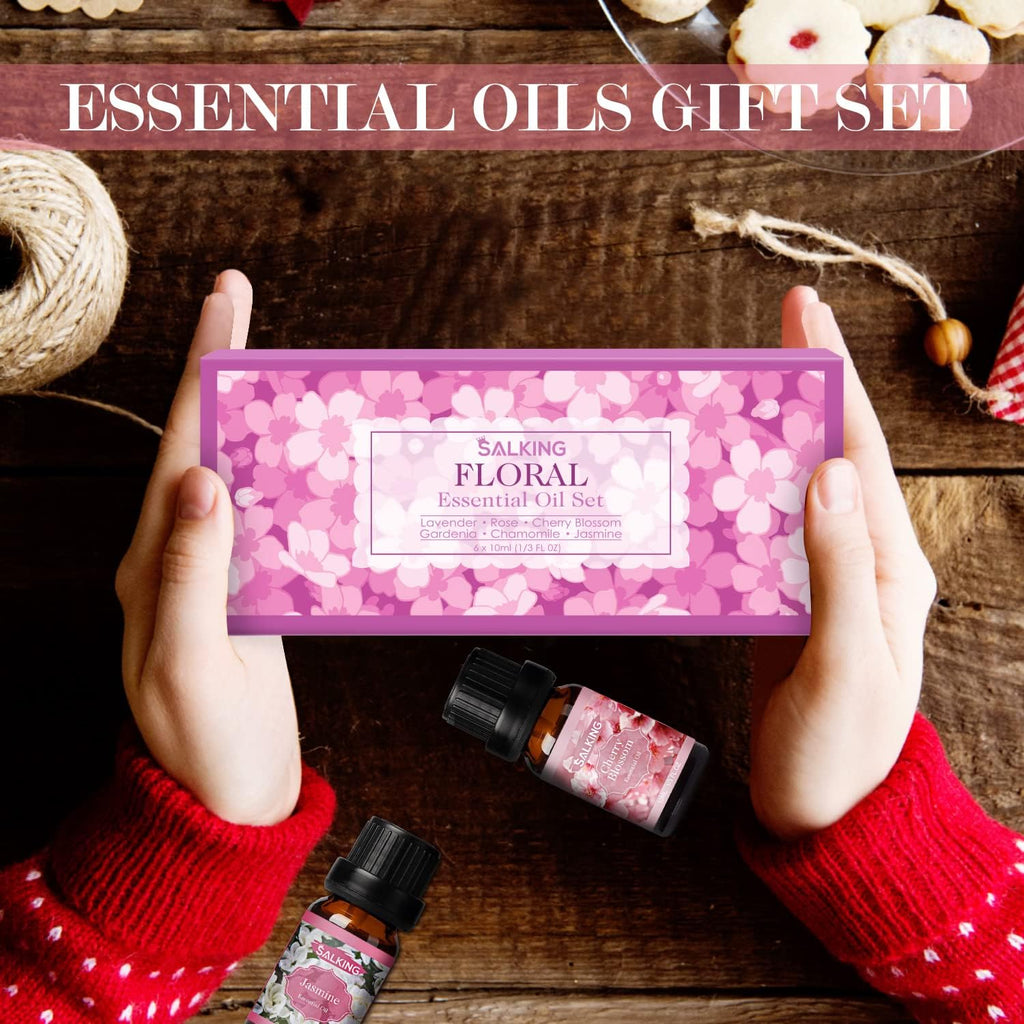 SALKING Essential Oils Set, Aromatherapy Fragrance Oil Gift Set, 100% Pure Fragrance Oils for Diffuser, Oil Lamps, Humidifier, Massage, 6 x 10 ml (Lavender, Rose, Cherry Blossom, Jasmine, Gardenia,