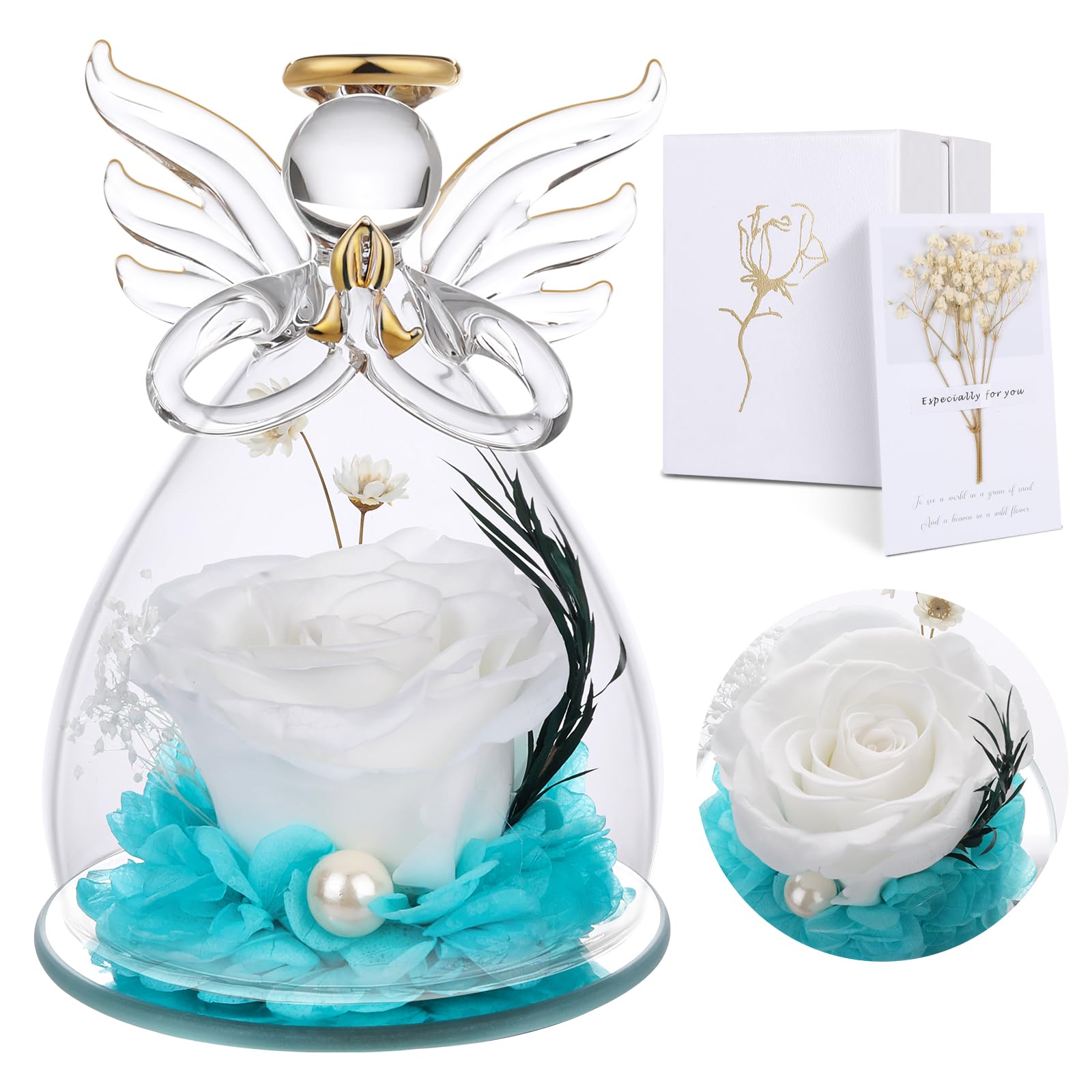 Ewige Rose Engel Geschenke für Mama, Ewige Rose in Engel Glaskuppel für Sie, Infinity Rosen Konservierte Blumen Handgemachte, Engelsfigur aus Glas, Geschenk für Frauen Mutter Oma Großmutterk