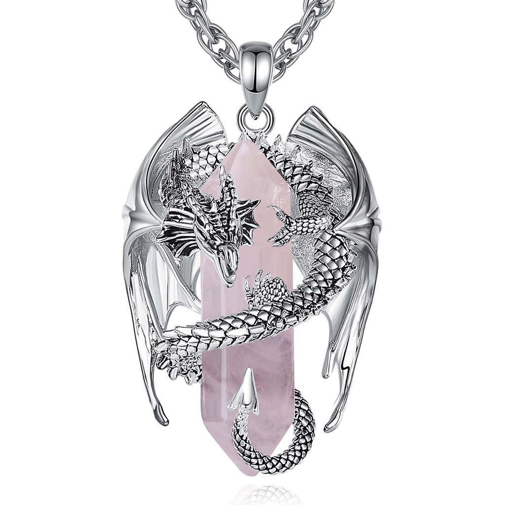 INFUSEU Kristall Drachen Kette, Nordischer Drache Gewickelter Zylinder Edelstein Kristall Anhänger Sechseckiger Heilkristall Anhänger Gothic Naturkristall-Schmuck Geschenk für Männer Frauen