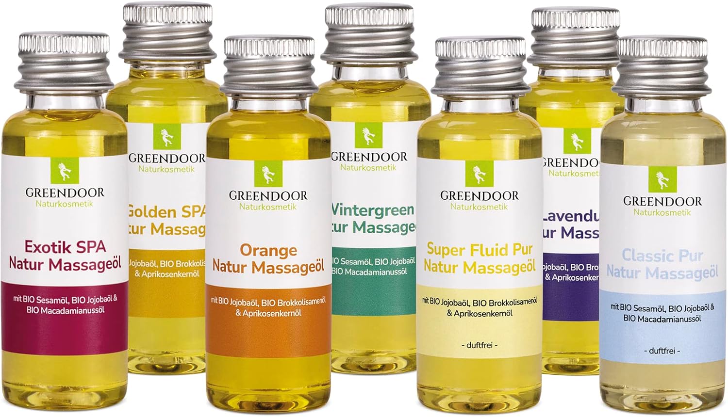 GREENDOOR Massageöl TESTER Set 175ml / 7 x 25ml veganes Massage Öl Sortiment Minis, 100% Natur, natürliches bestes Massage-Erlebnis, reine Naturkosmetik BIO Öle, Weihnachten Geschenke Probierset