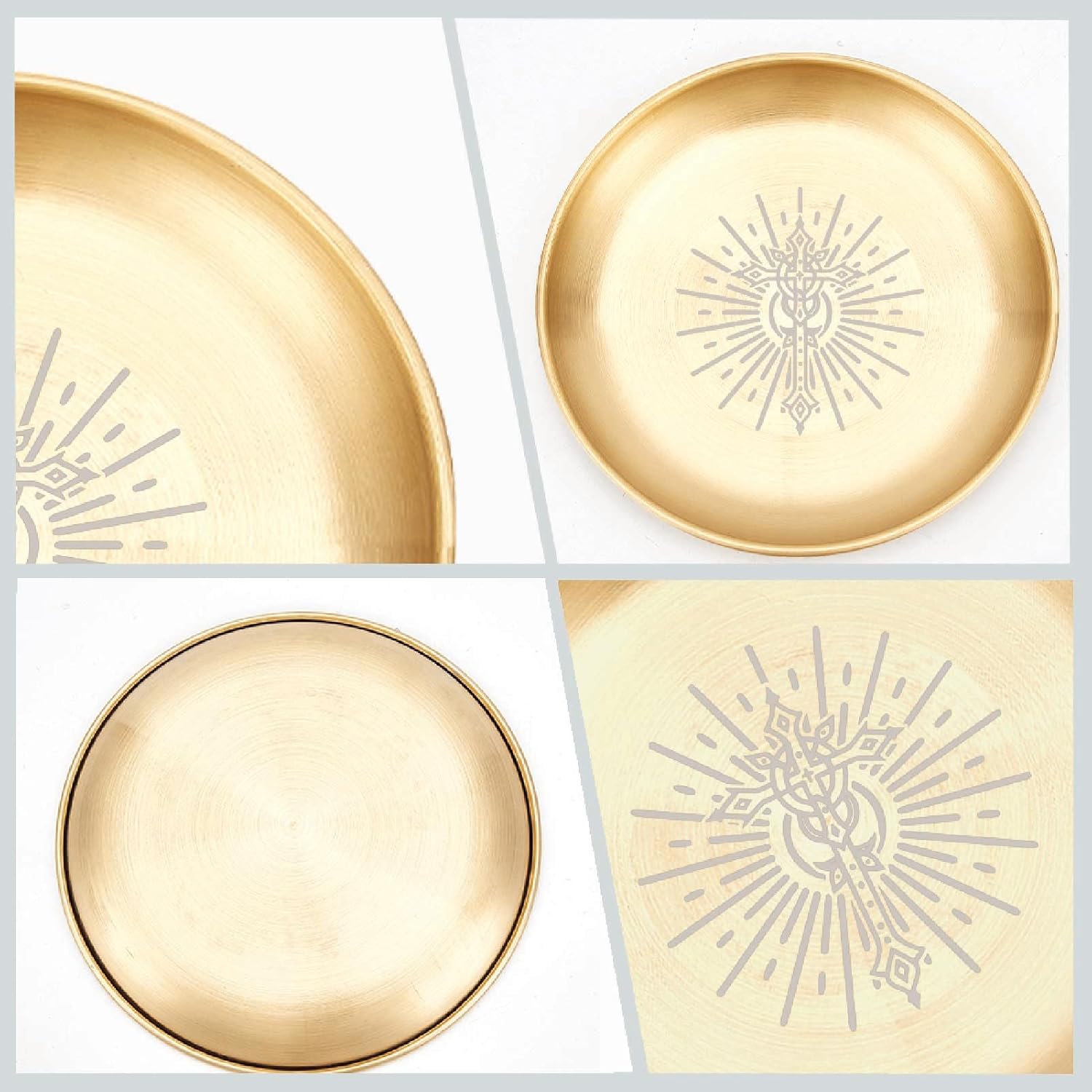 CREATCABIN Kreuz Opferschale Altar Ritualplatte Edelstahl Goldene Kristall Aufbewahrung Flache Schale Rundes Tablett Gebetsschale Kerzenhalter Schmuckschale Zum Räuchern Räuchergefäß 14x14cm