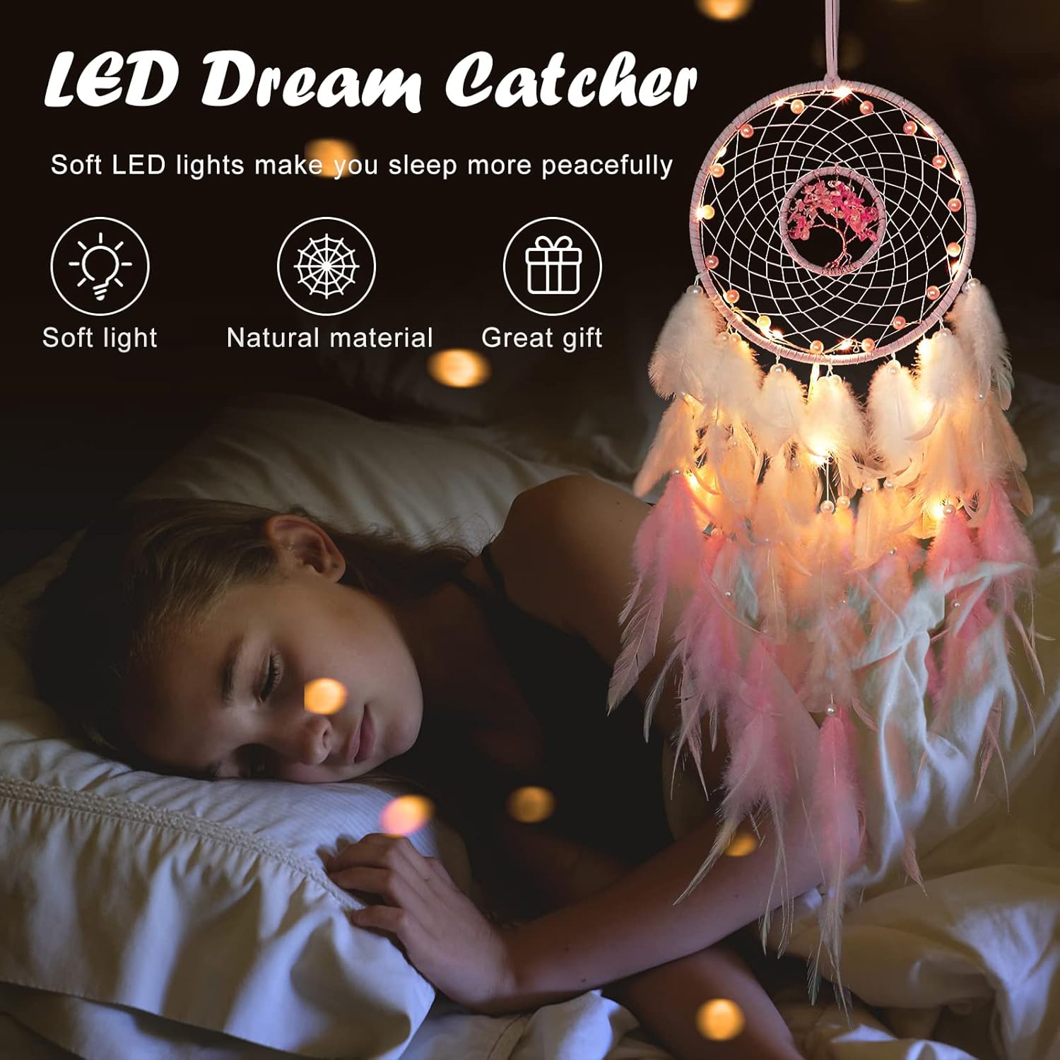 Hongyans Traumfänger mit LED Licht Handgefertigt Dreamcatcher mit Federn Böhmen Dekoration für Schlafzimmer Hochzeit Wandbehang Ornament Mädchen Kinder Geschenk