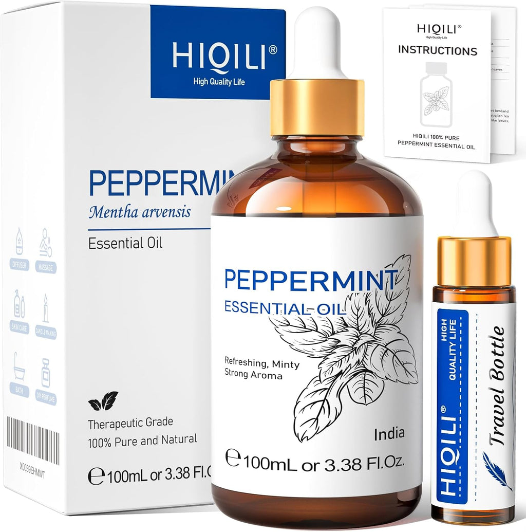 HIQILI 100ml Pfefferminzöl Ätherisches Öl, 100% Reines Naturrein Minzöl,Peppermint Oil für Diffuser, Massage, Haar, Hautpflege - Gratis Eine Reiseflasche
