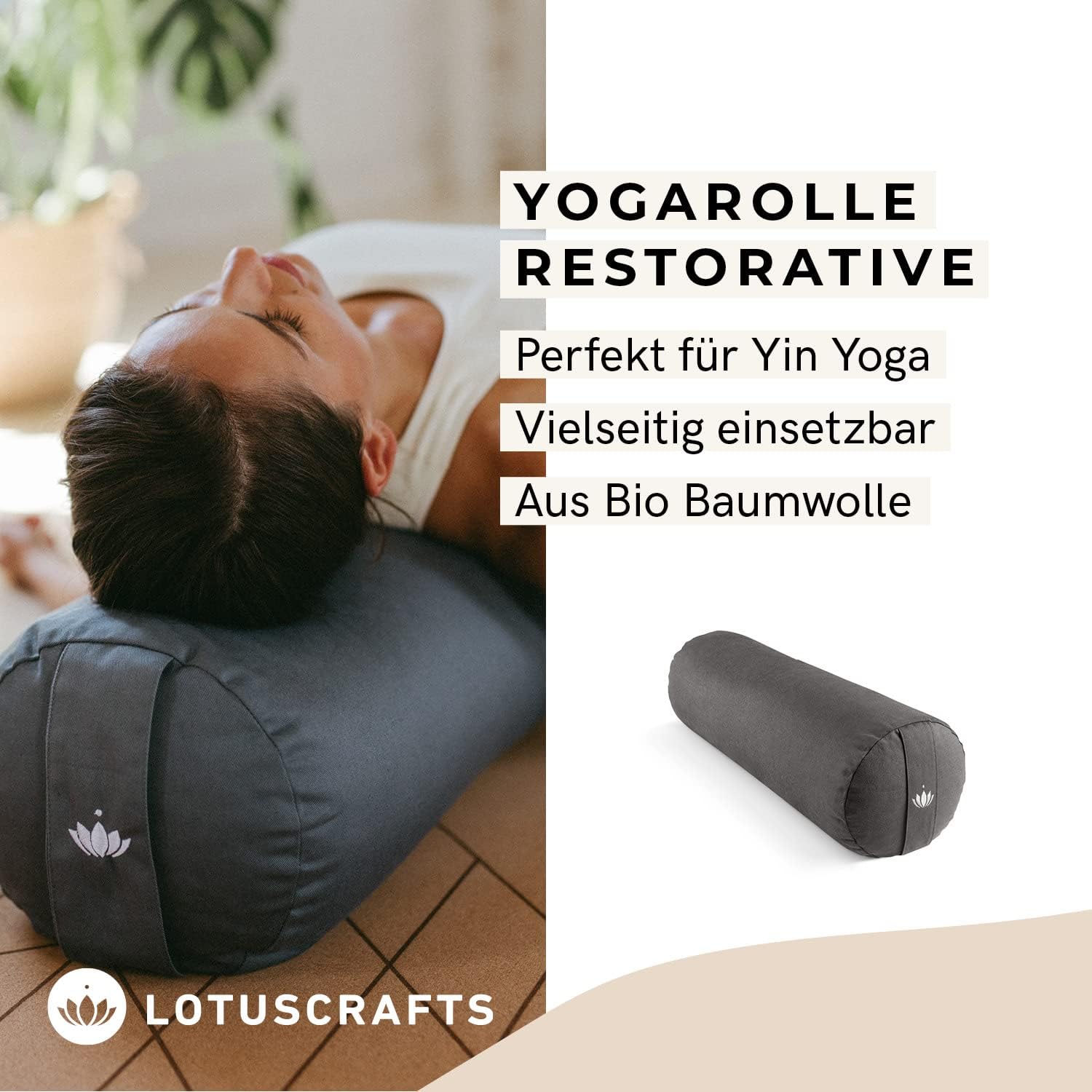 Lotuscrafts, Yoga Roll for Yin Yoga, Diameter 24 cm, with Spelt Filling, Washable Cotton Cover, Yoga Bolster Roll for Restorative Yoga, GOTS Certified