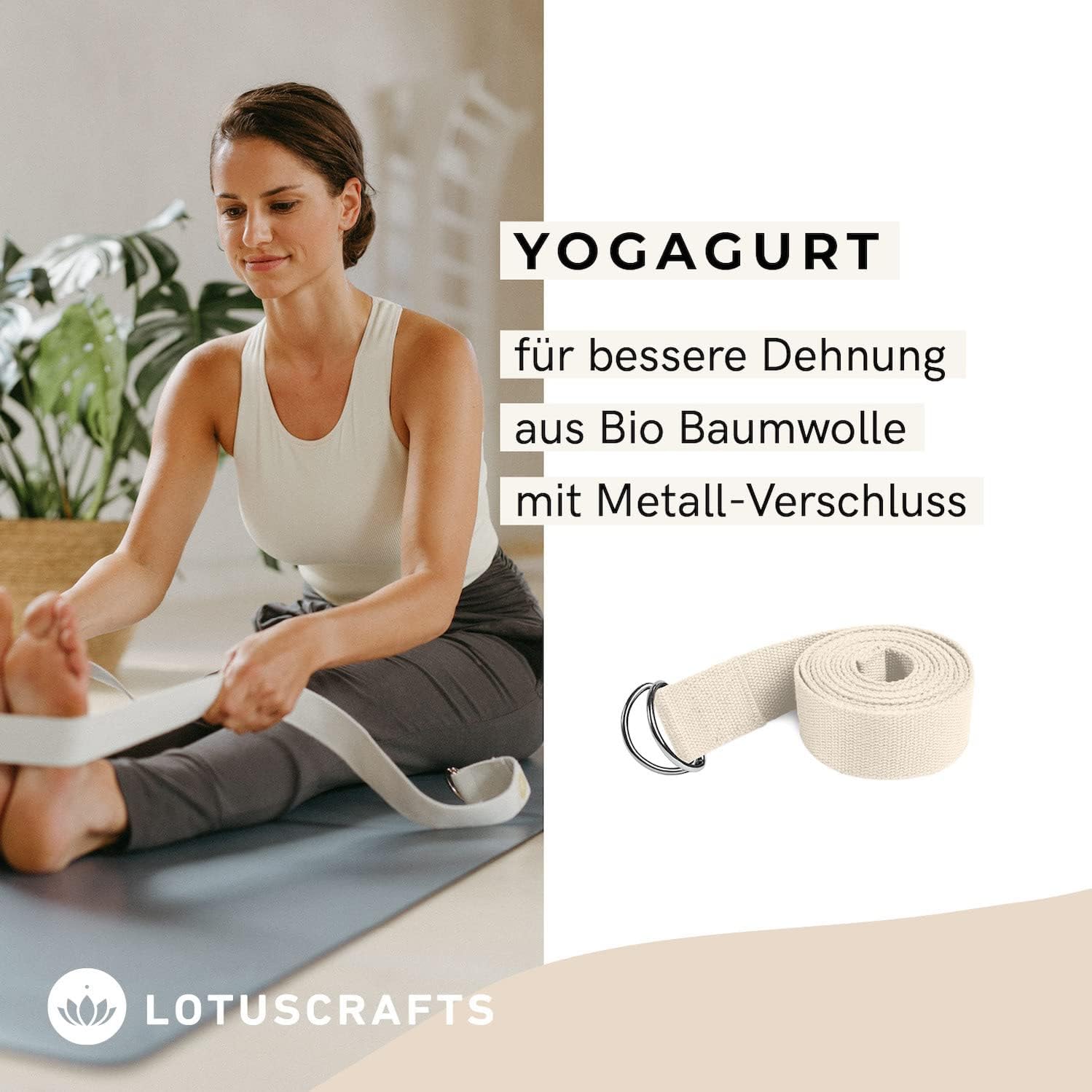 Lotuscrafts® Yogagurt 2,5 m - Yoga-Band zum Dehnen; 100% Bio-Baumwolle, Yogagurt Lang mit Verschluss aus Metall, Yoga-Strap für Einsteiger und Fortgeschrittene, 250 x 3,8 cm